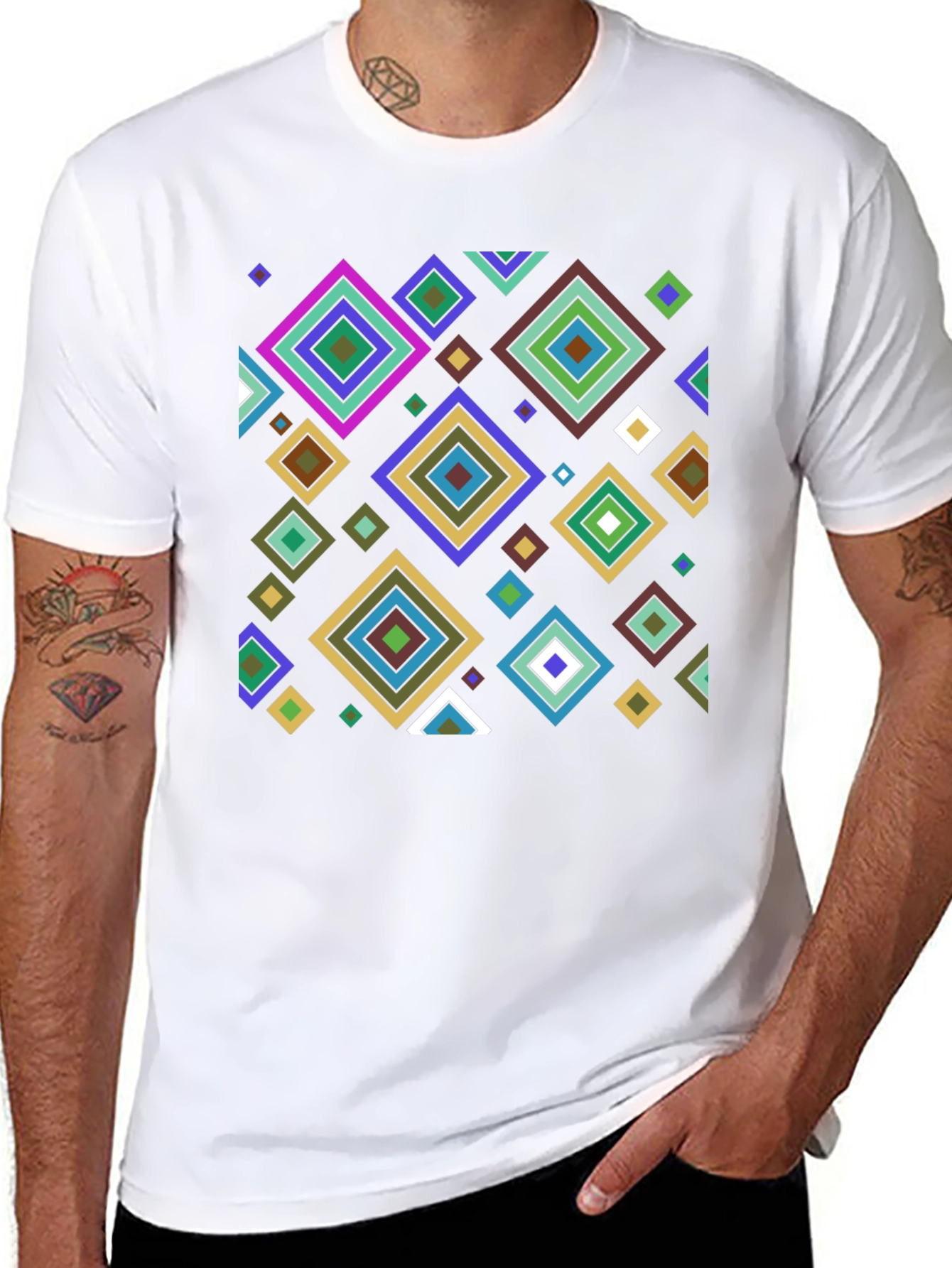 Geometric Diamond Pattern Black T-Shirt
