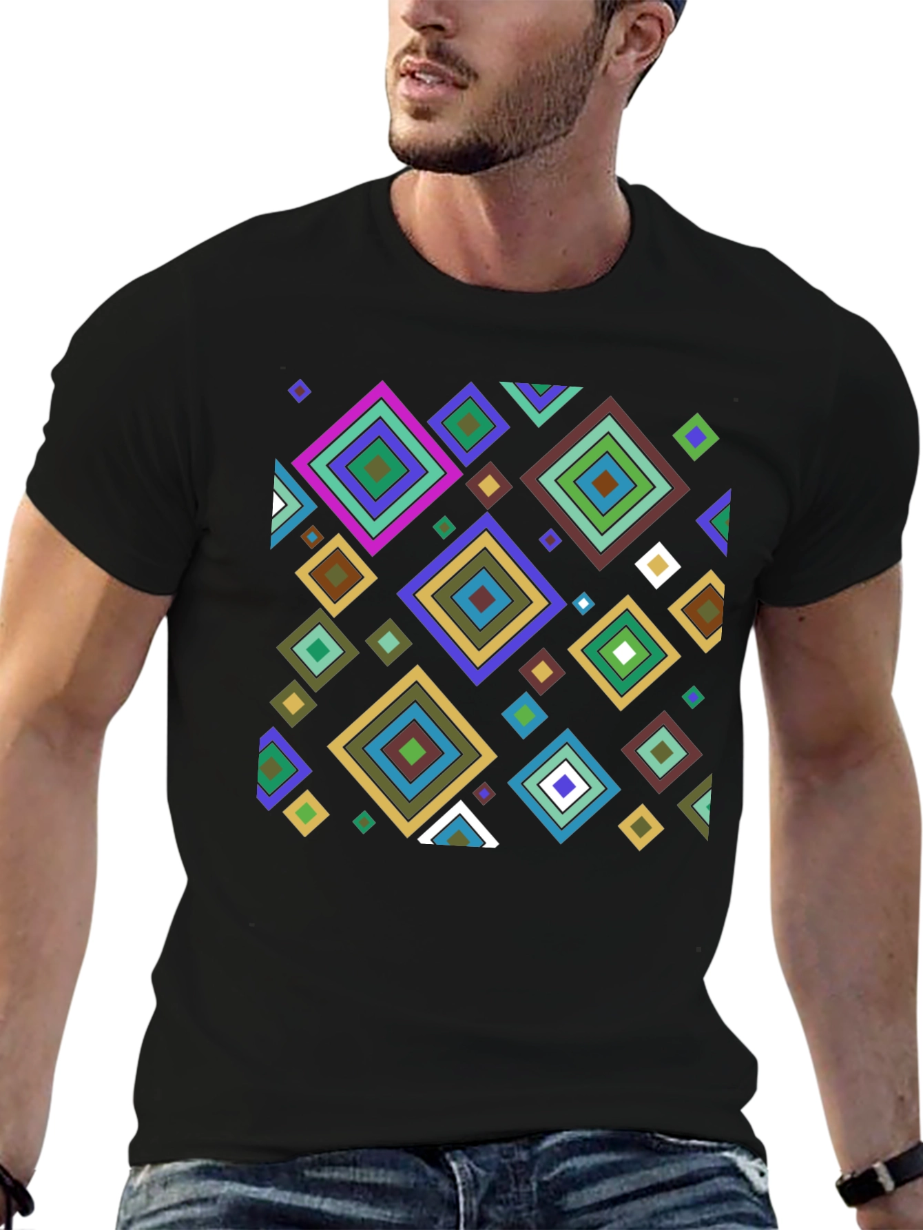 Geometric Diamond Pattern Black T-Shirt