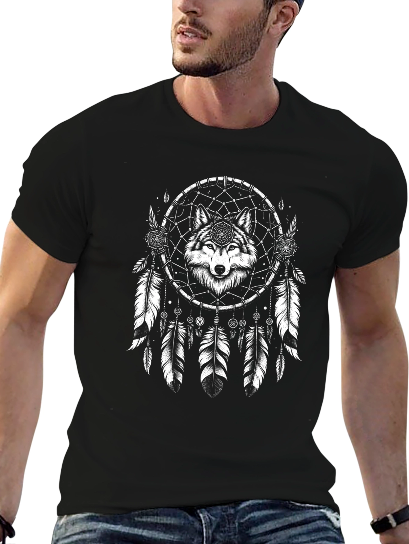 Wolf Dreamcatcher Graphic Print Black T-Shirt
