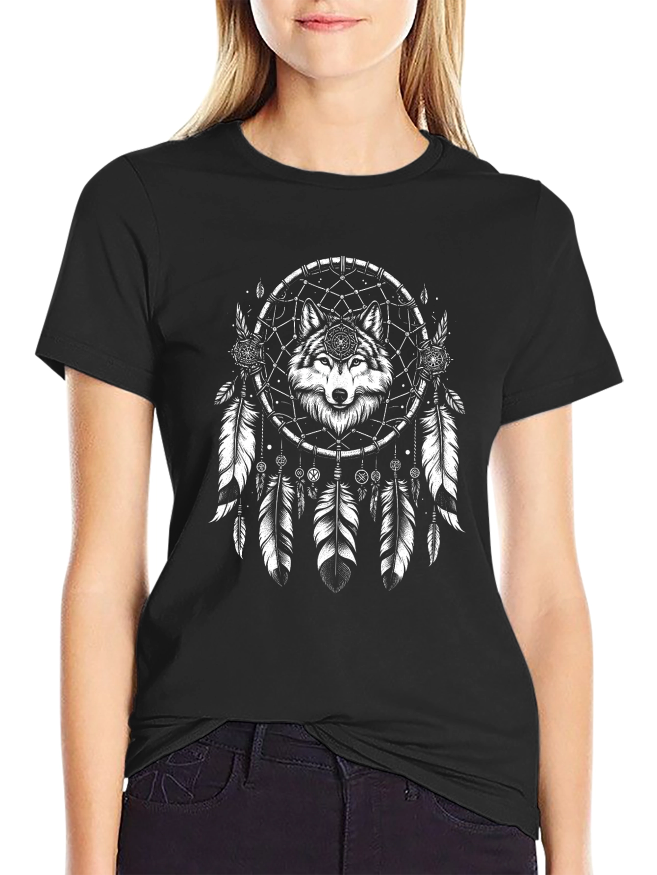 Wolf Dreamcatcher Graphic Print Black T-Shirt
