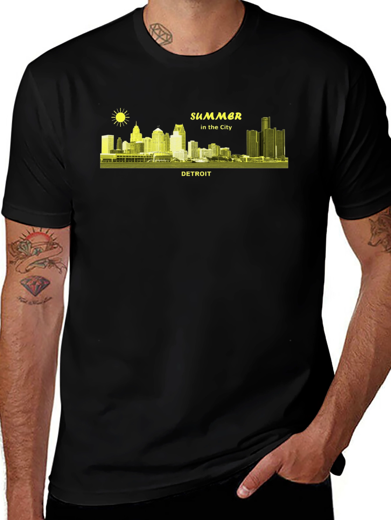 Detroit Summer Cityscape Black T-Shirt