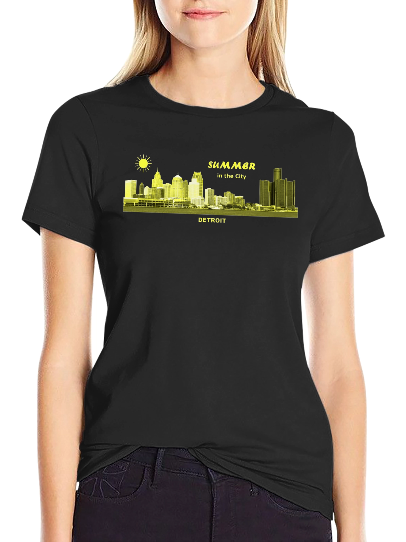 Detroit Summer Cityscape Black T-Shirt