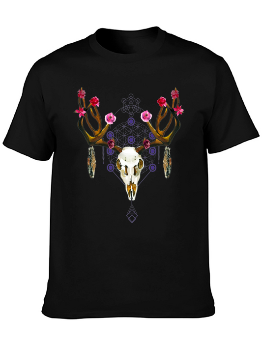 Floral Deer Skull Graphic Tee - Black Cotton