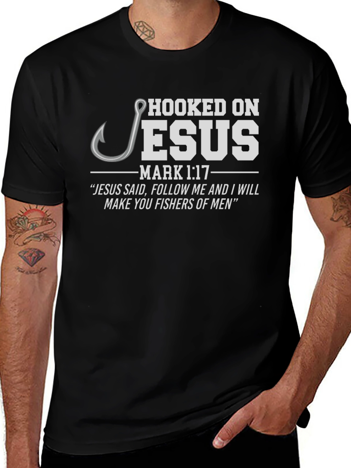 Hooked on Jesus T-Shirt - Mark 1:17 Christian Apparel