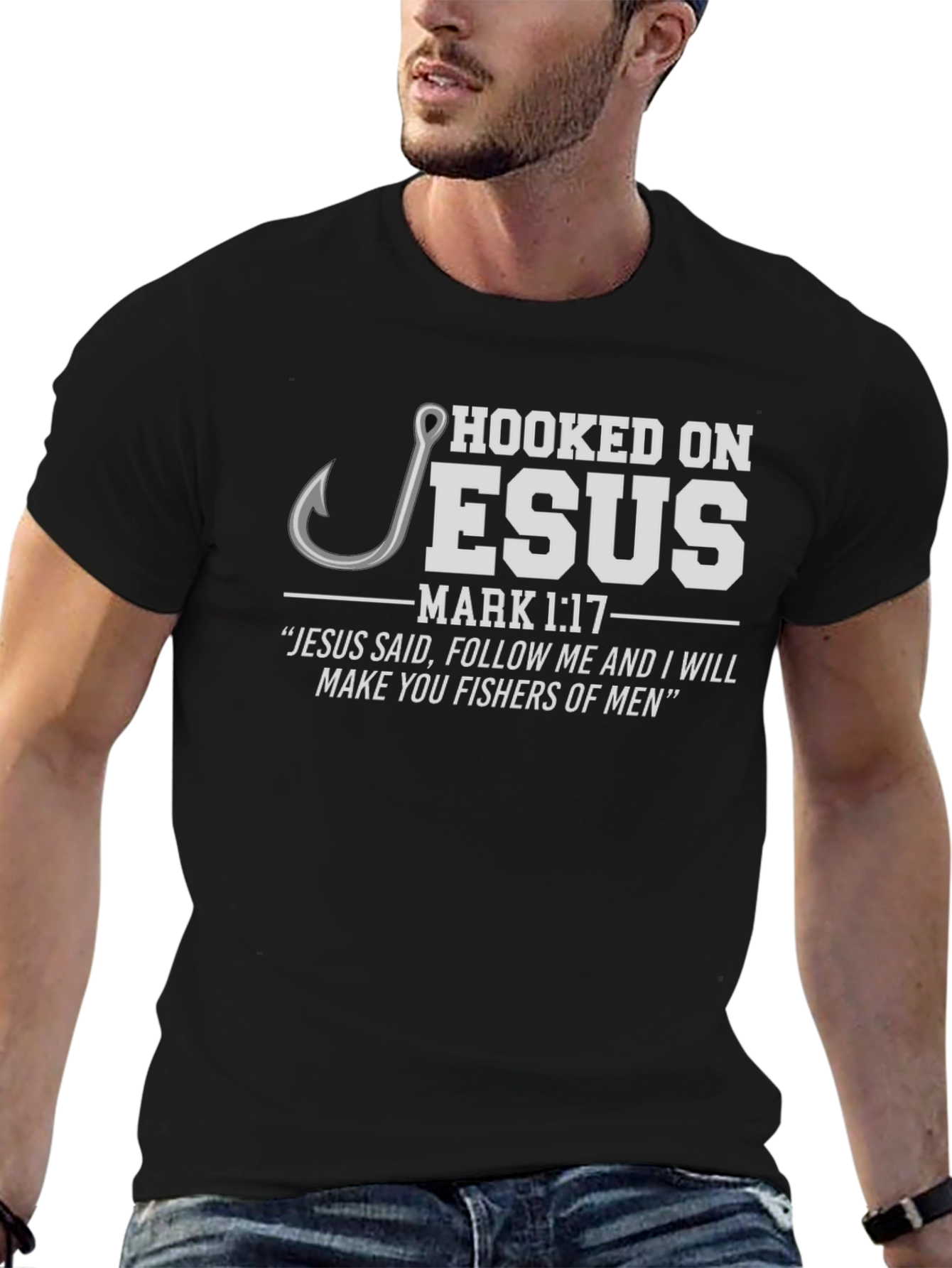 Hooked on Jesus T-Shirt - Mark 1:17 Christian Apparel