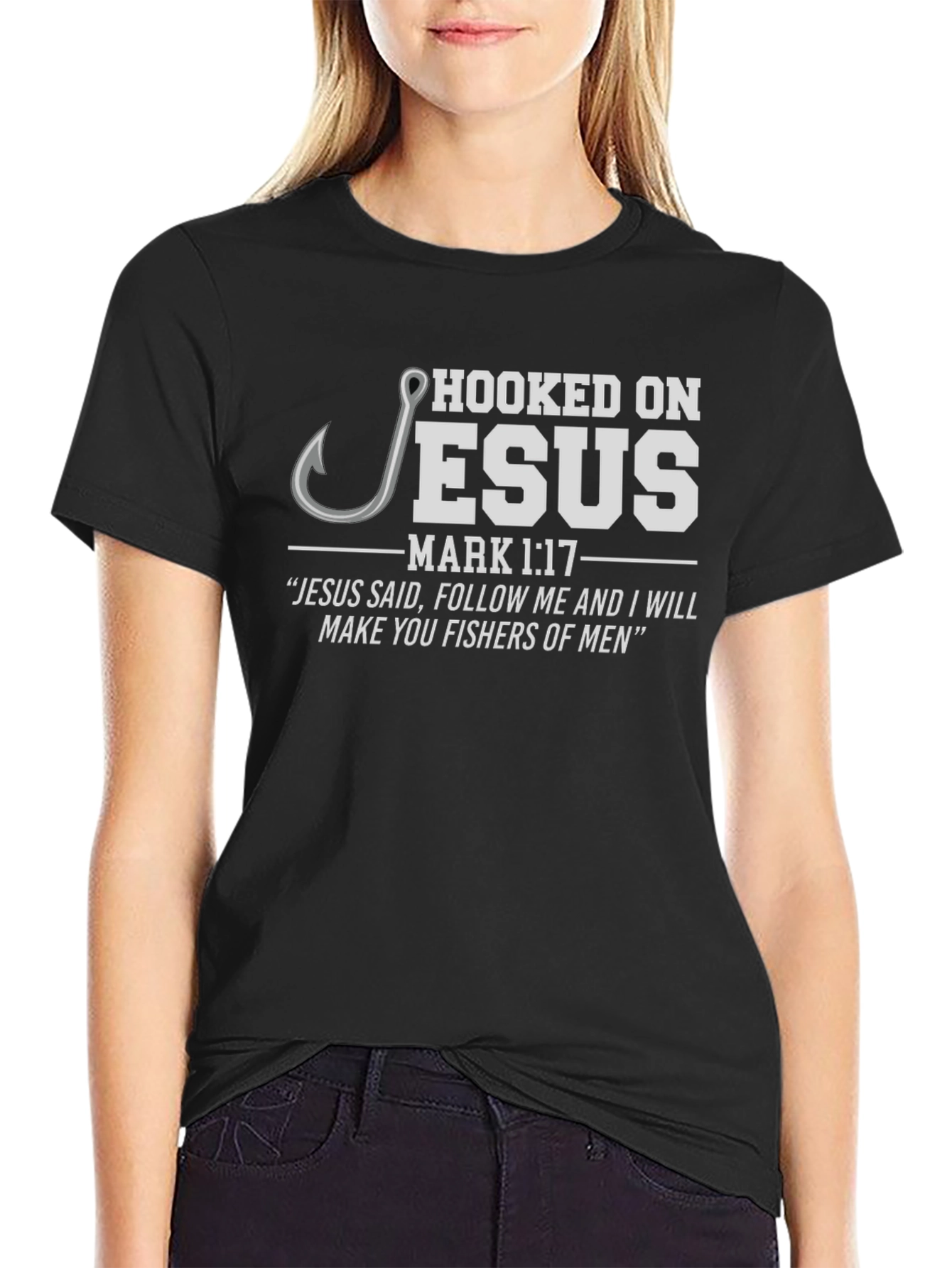 Hooked on Jesus T-Shirt - Mark 1:17 Christian Apparel