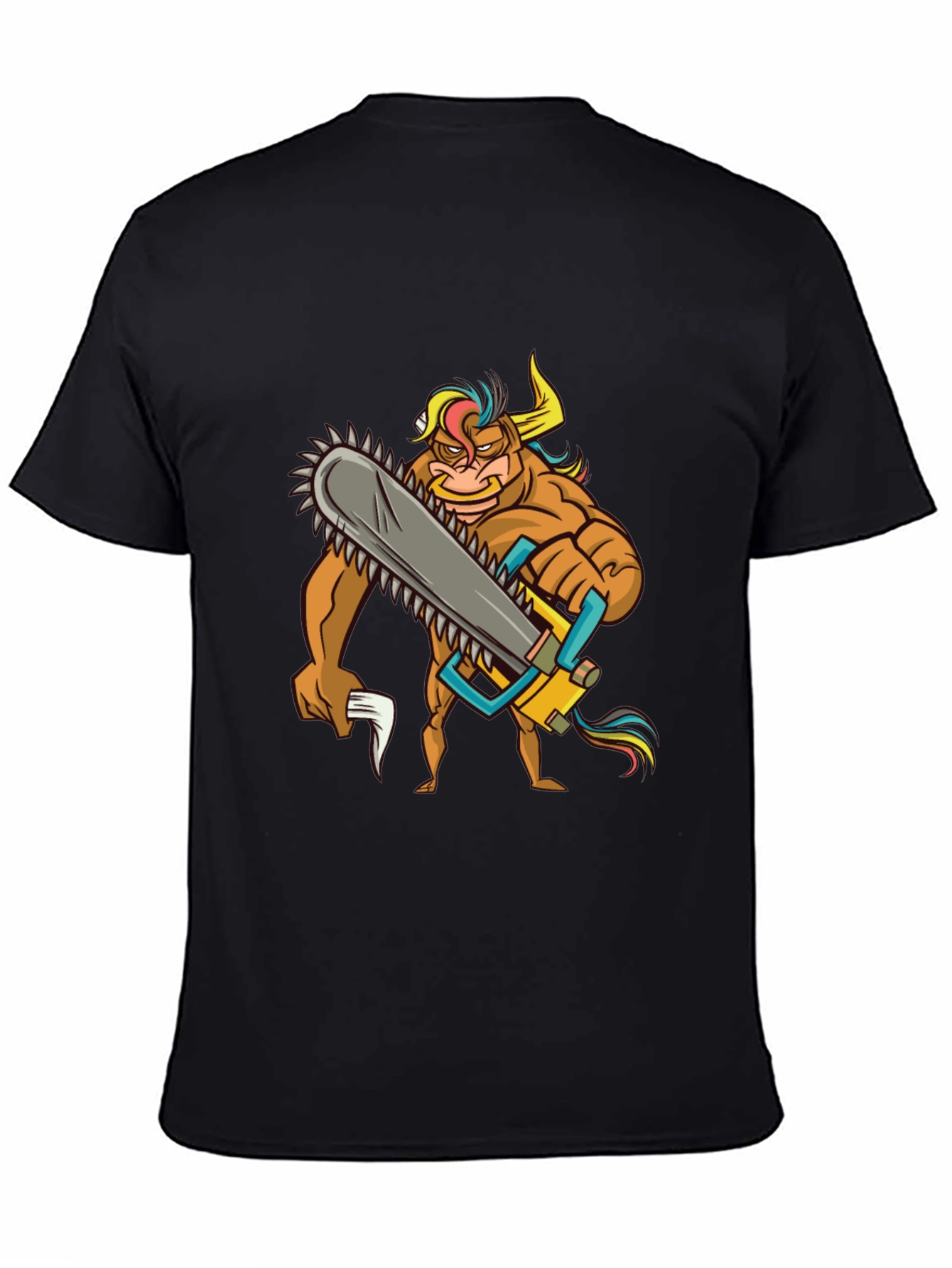 Cartoon Bull with Chainsaw Graphic Tee - Black