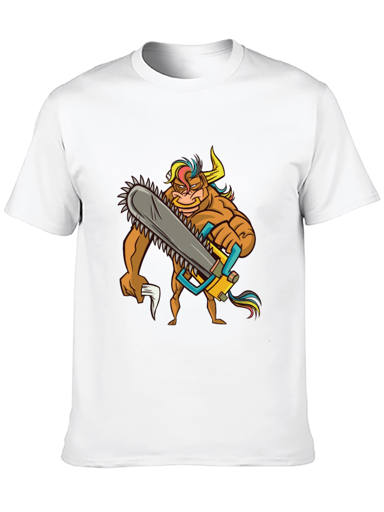 Cartoon Bull with Chainsaw Graphic Tee - Black