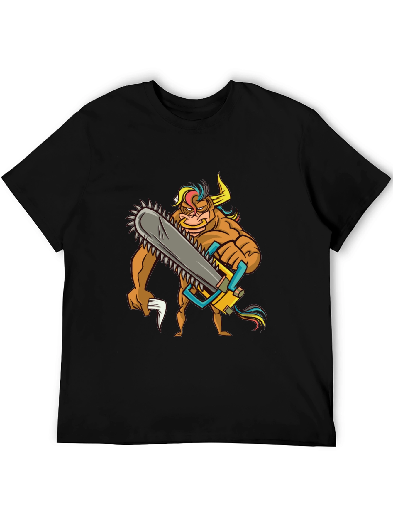 Cartoon Bull with Chainsaw Graphic Tee - Black