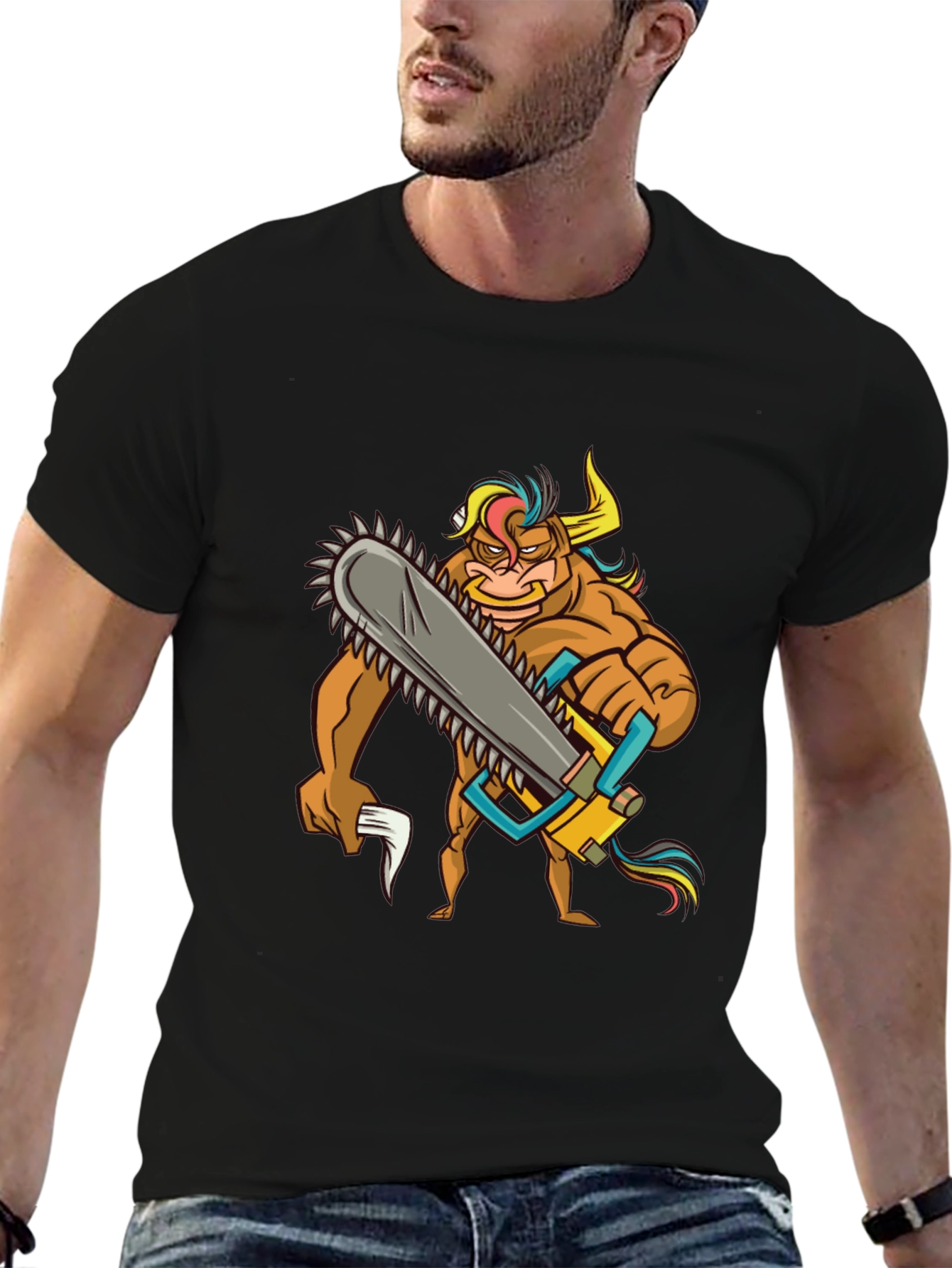 Cartoon Bull with Chainsaw Graphic Tee - Black