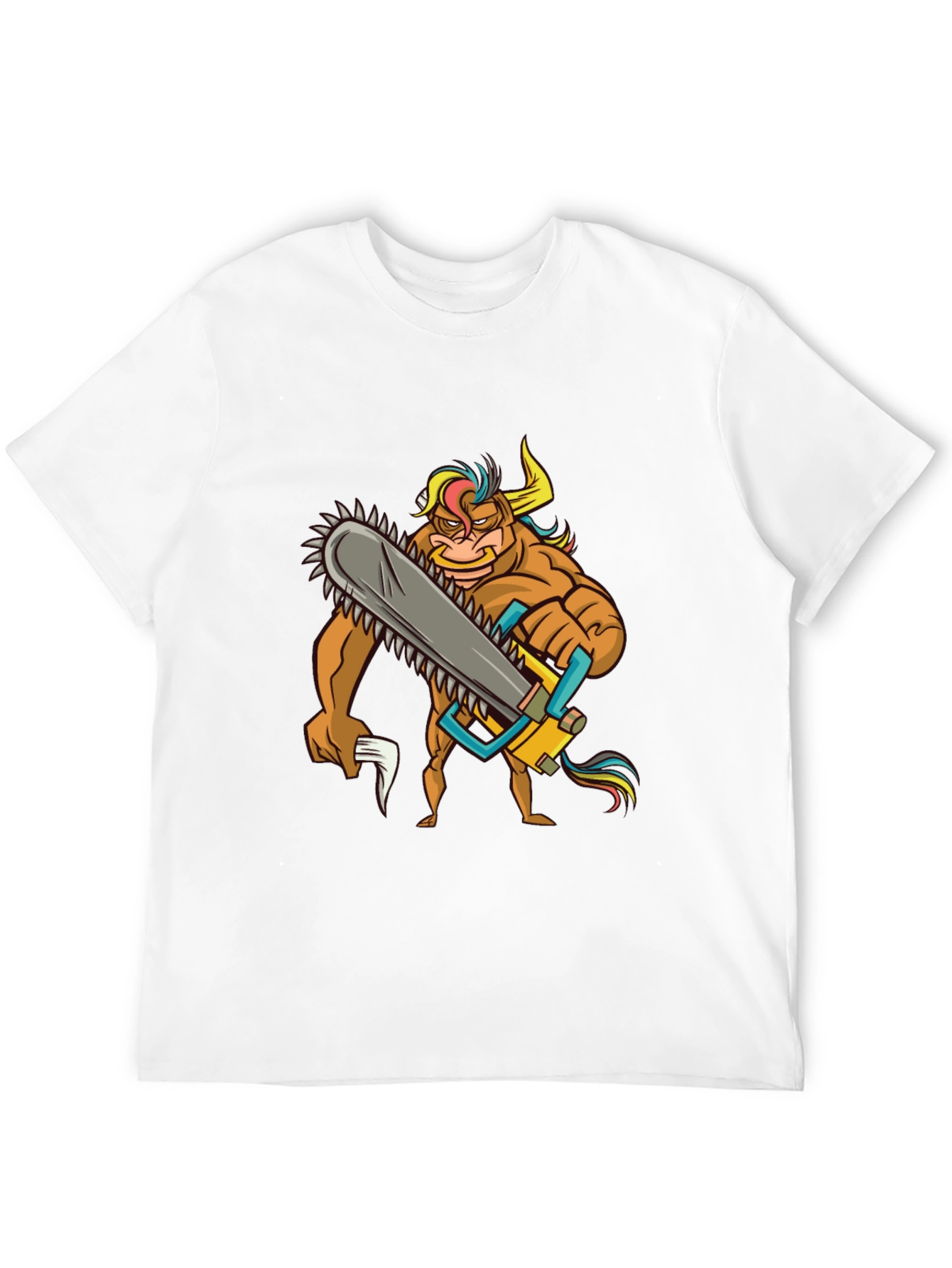 Cartoon Bull with Chainsaw Graphic Tee - Black
