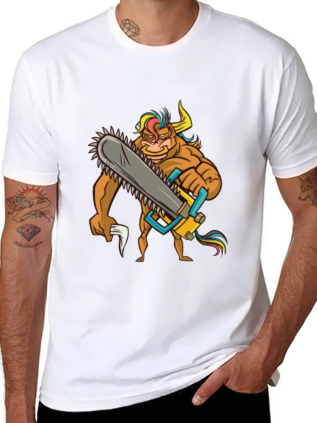 Cartoon Bull with Chainsaw Graphic Tee - Black