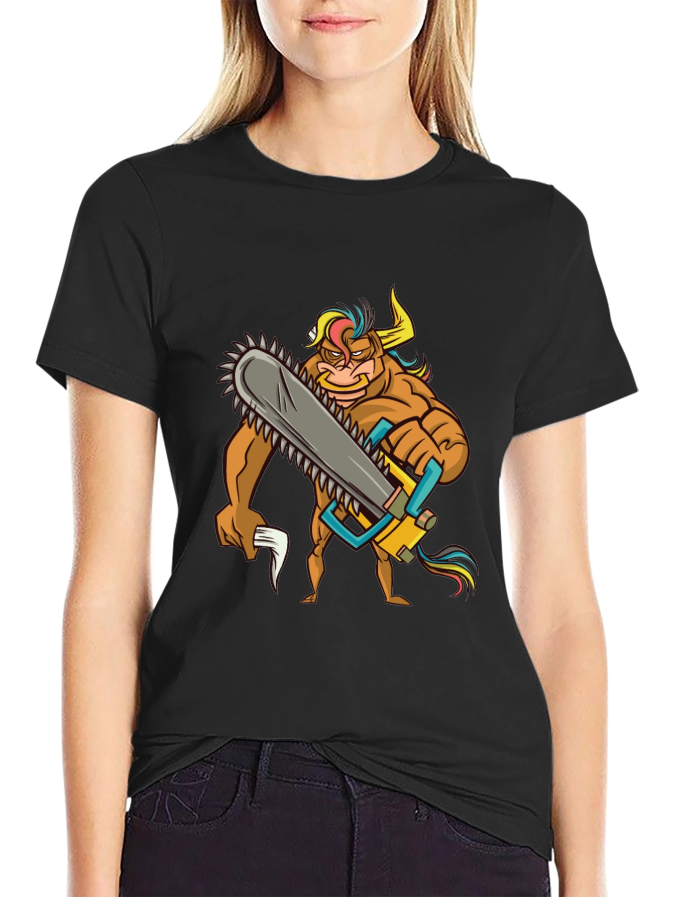 Cartoon Bull with Chainsaw Graphic Tee - Black