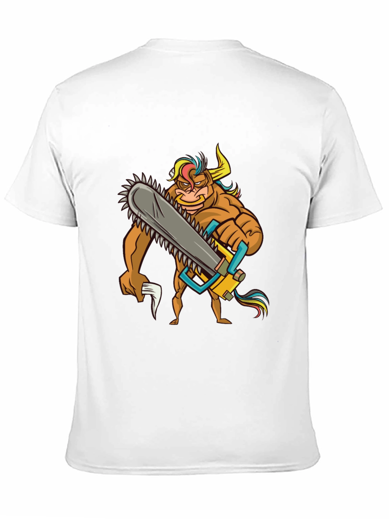 Cartoon Bull with Chainsaw Graphic Tee - Black
