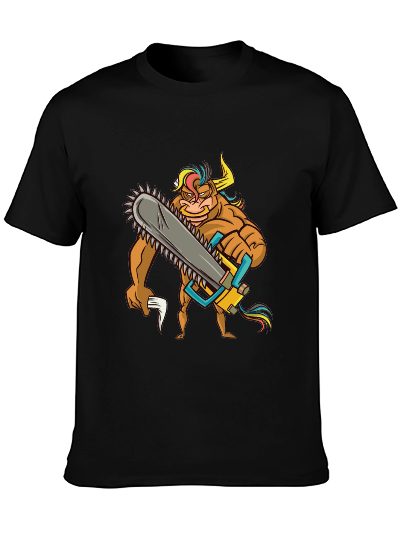 Cartoon Bull with Chainsaw Graphic Tee - Black