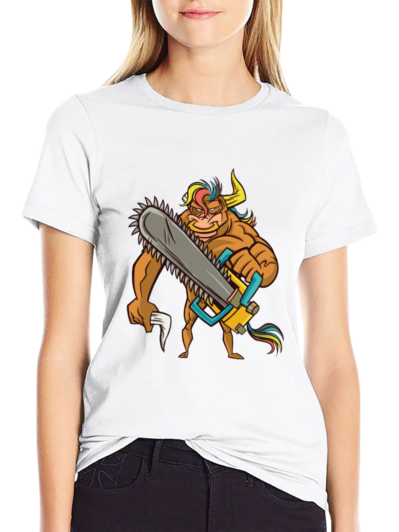 Cartoon Bull with Chainsaw Graphic Tee - Black