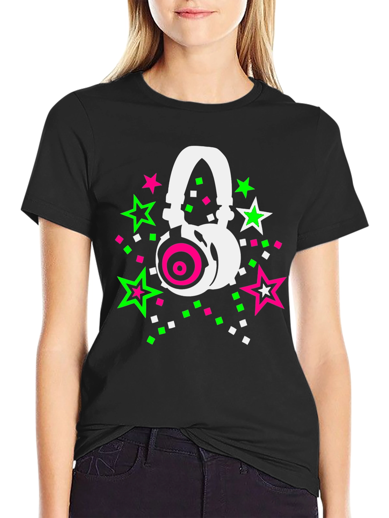 Retro Headphones Star Graphic Black T-Shirt