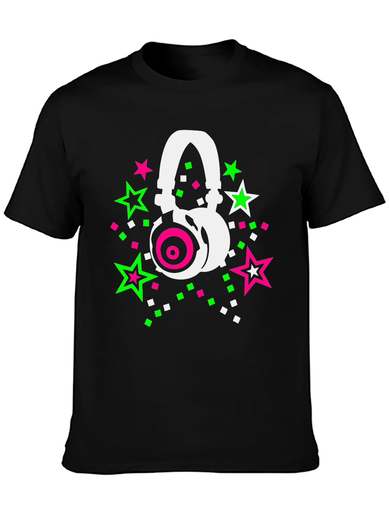 Retro Headphones Star Graphic Black T-Shirt