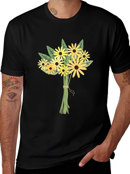 Floral Bouquet Graphic Tee - Black Cotton Casual