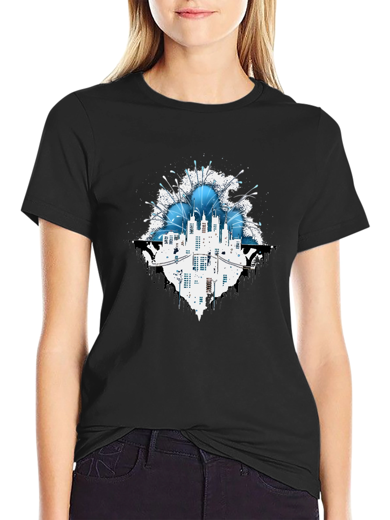 Abstract Cityscape Graphic T-Shirt - Black