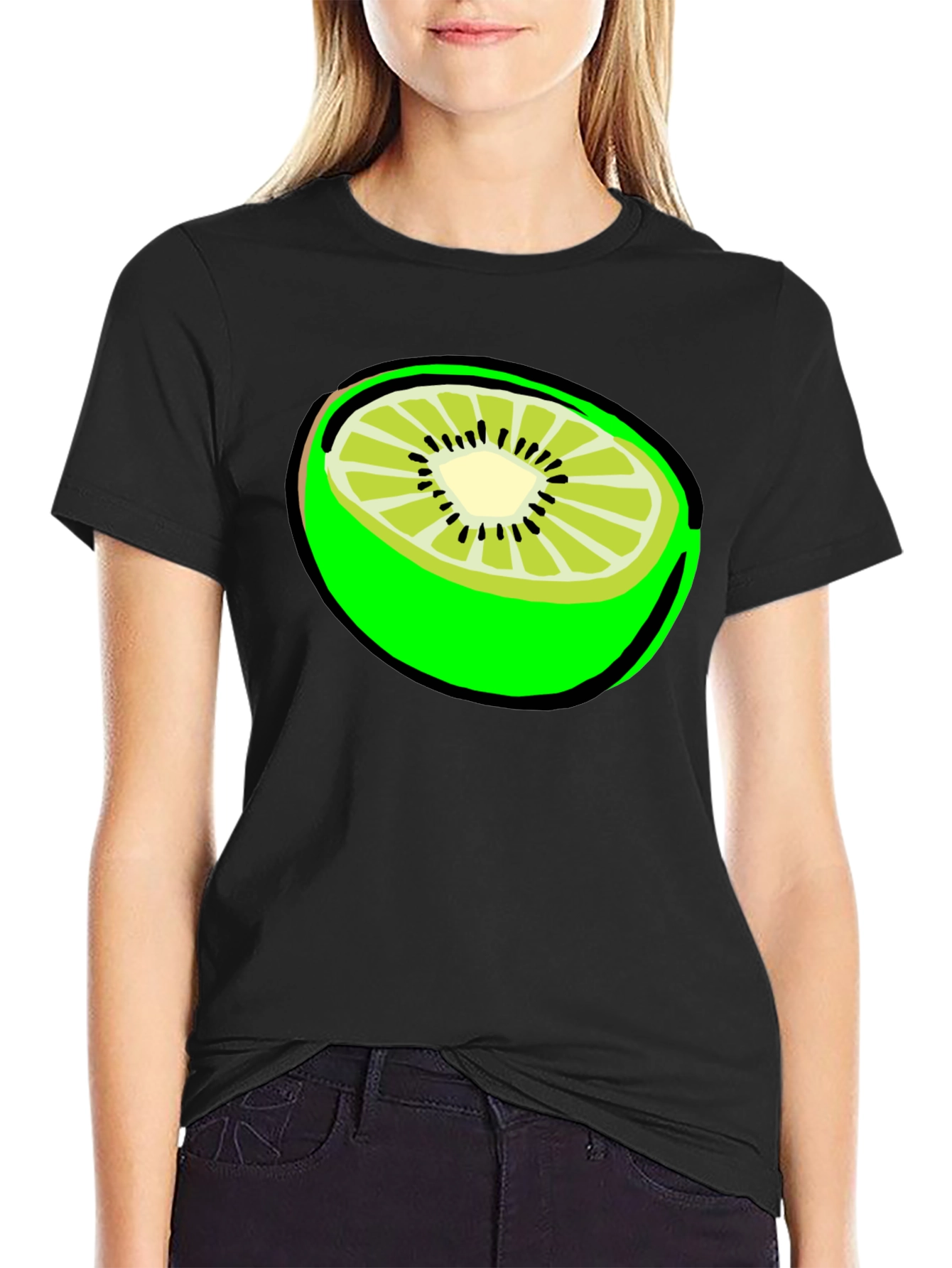 Kiwi Slice Graphic Tee - Black Cotton T-Shirt