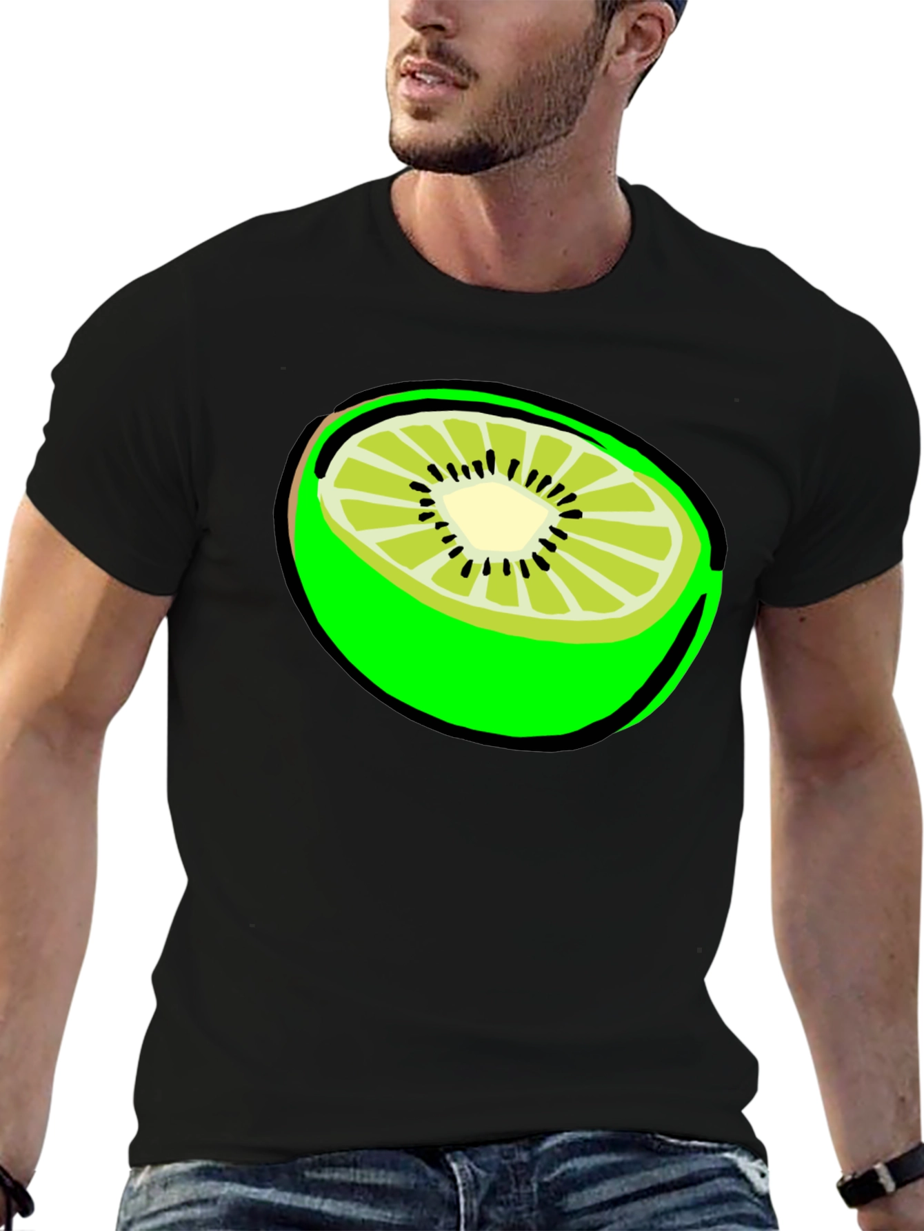 Kiwi Slice Graphic Tee - Black Cotton T-Shirt