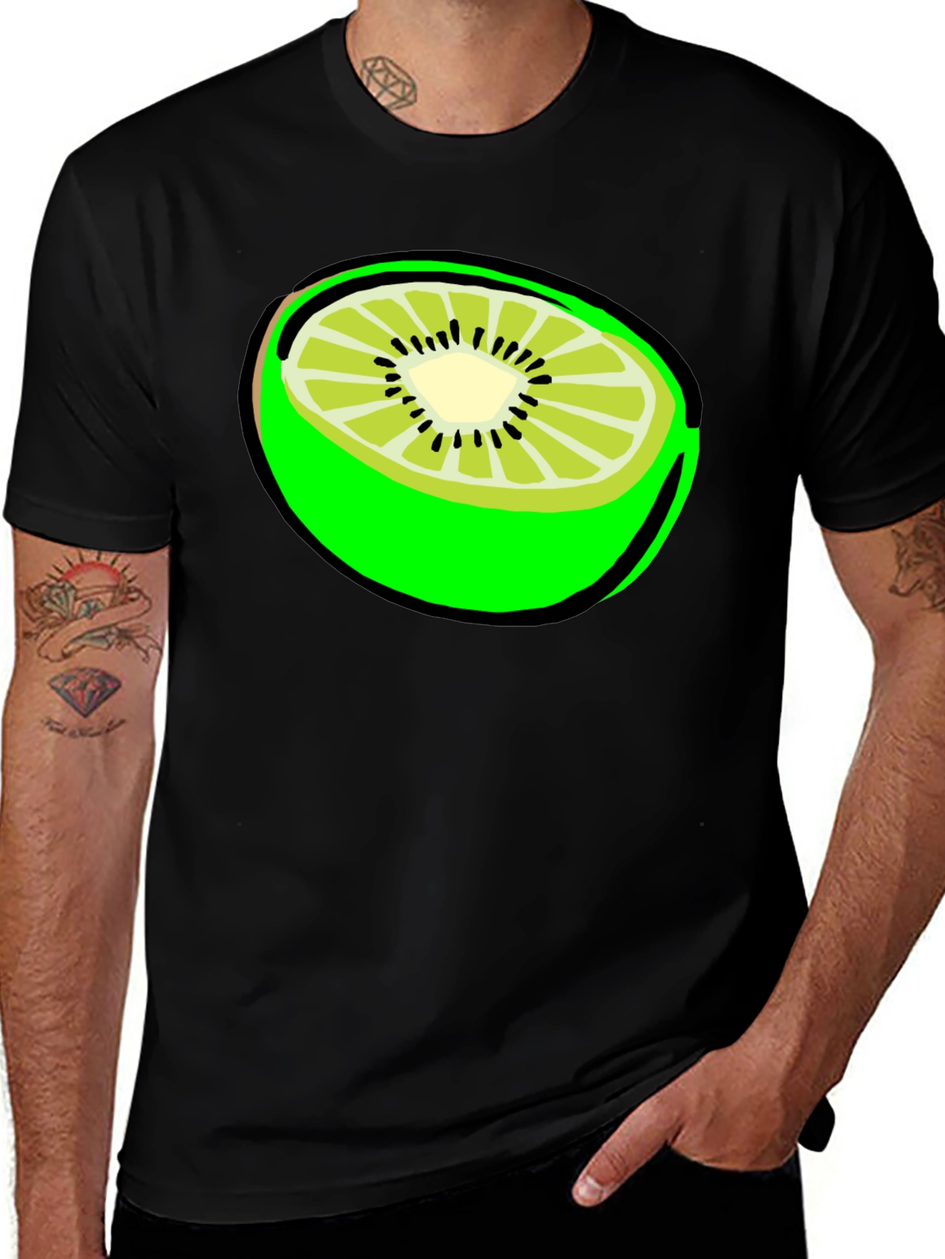Kiwi Slice Graphic Tee - Black Cotton T-Shirt
