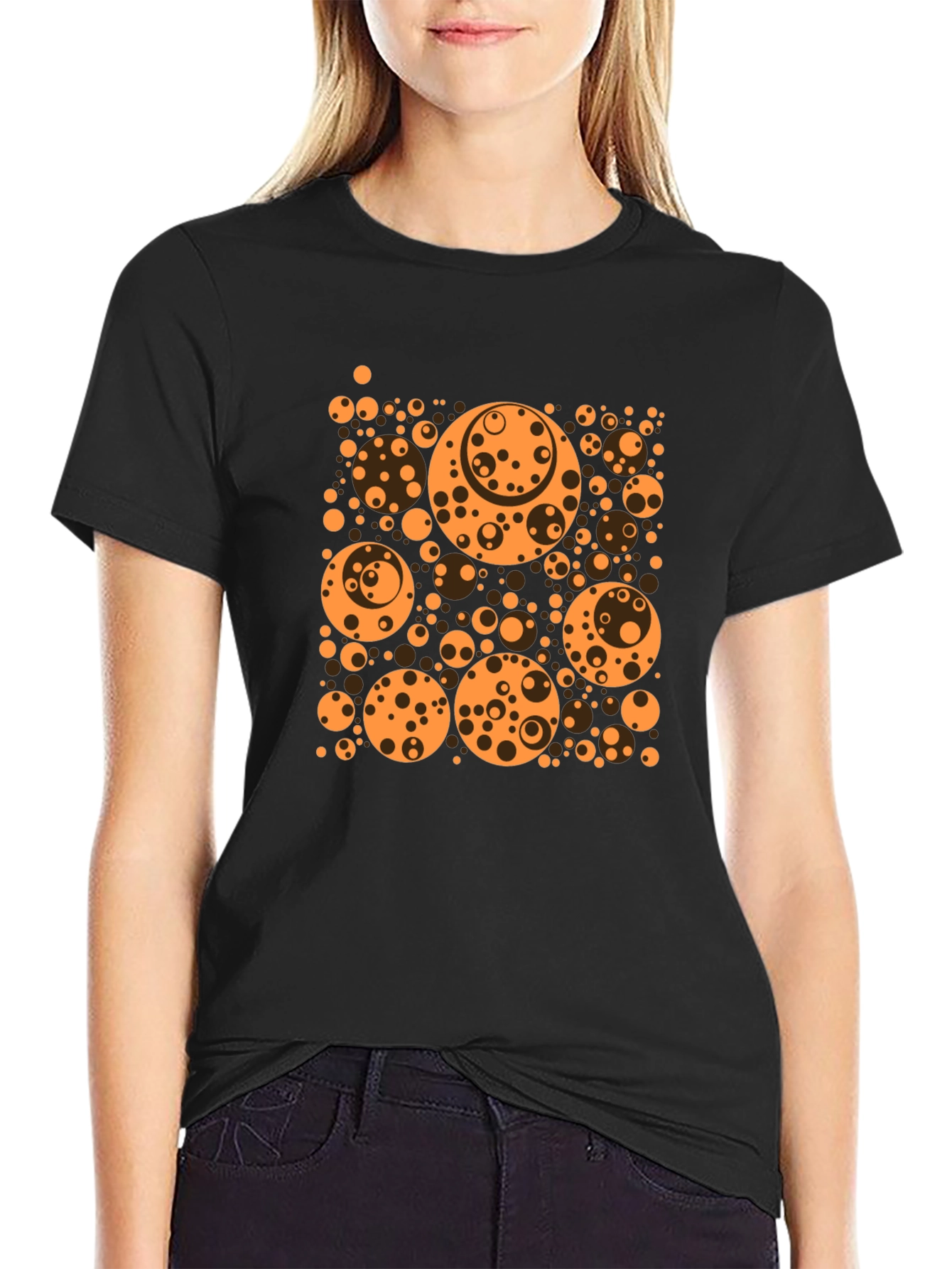 Abstract Orange Circle Pattern Black T-Shirt