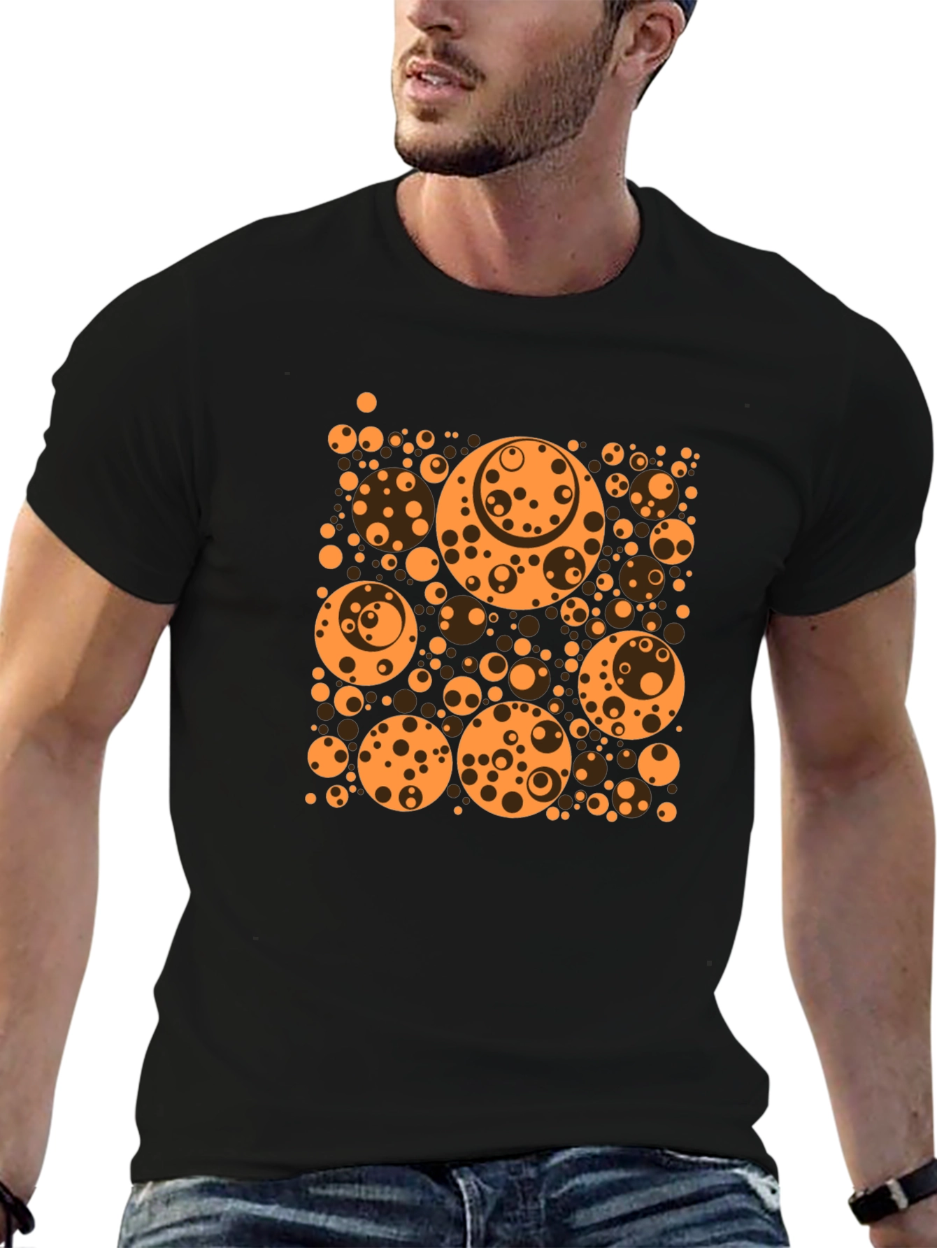 Abstract Orange Circle Pattern Black T-Shirt