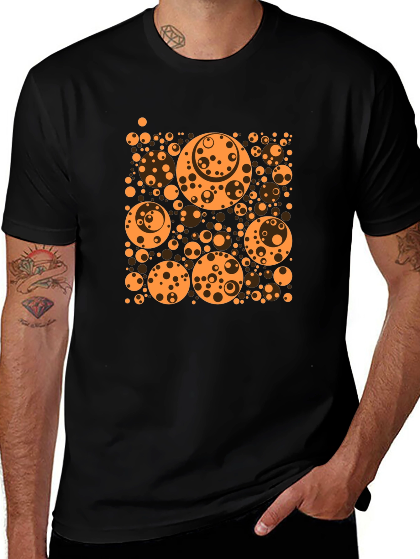 Abstract Orange Circle Pattern Black T-Shirt