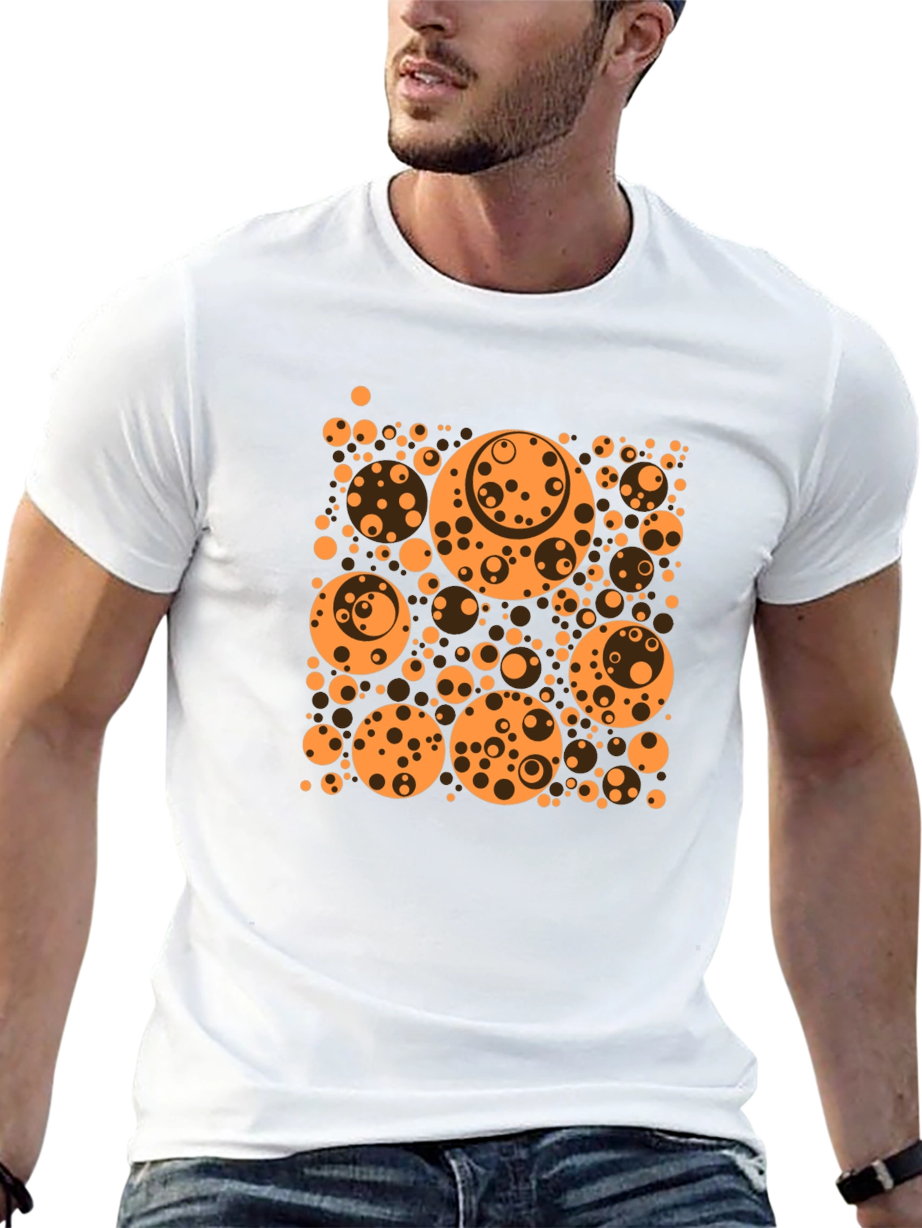 Abstract Orange Circle Pattern Black T-Shirt