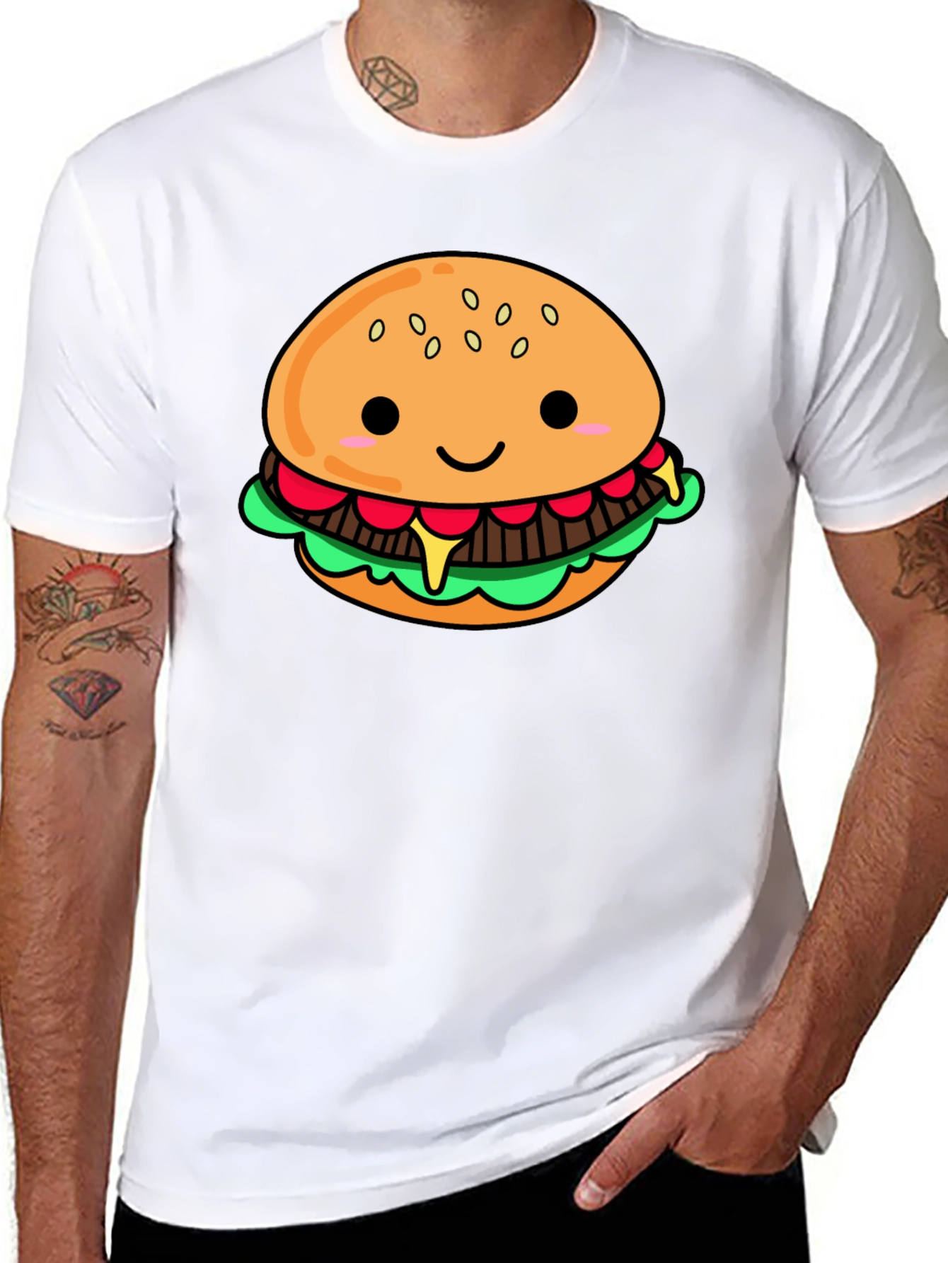 Cute Cartoon Burger Black T-Shirt
