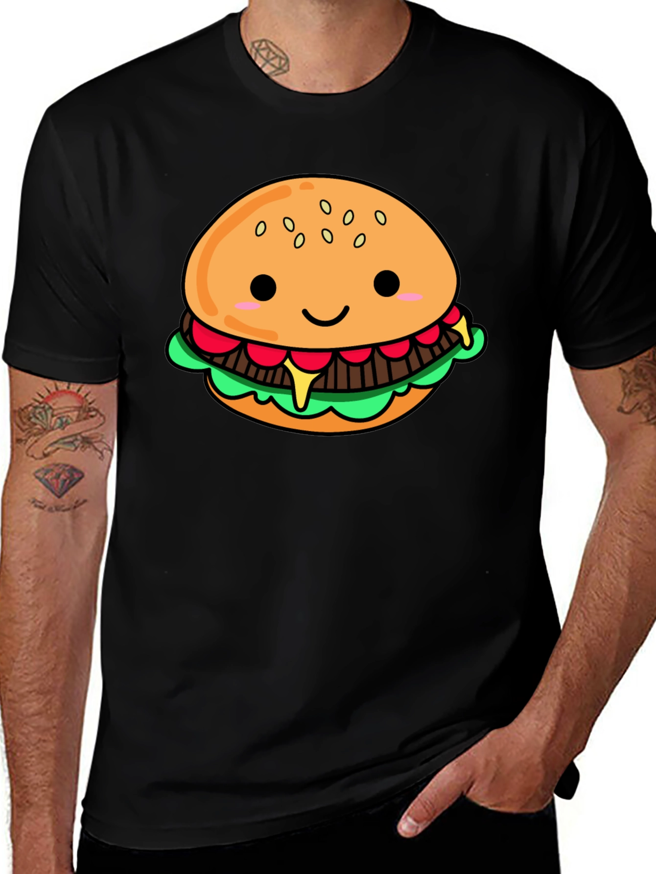 Cute Cartoon Burger Black T-Shirt
