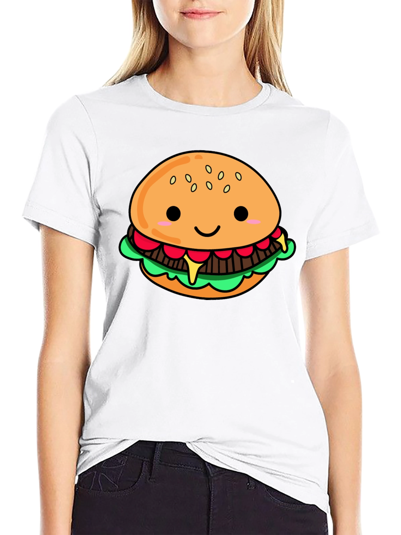 Cute Cartoon Burger Black T-Shirt