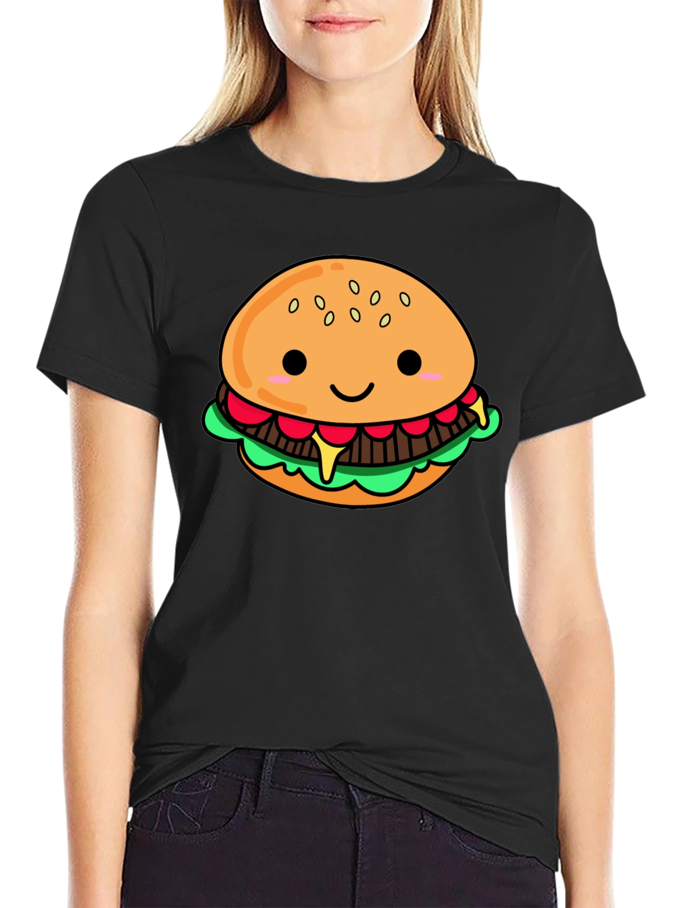 Cute Cartoon Burger Black T-Shirt