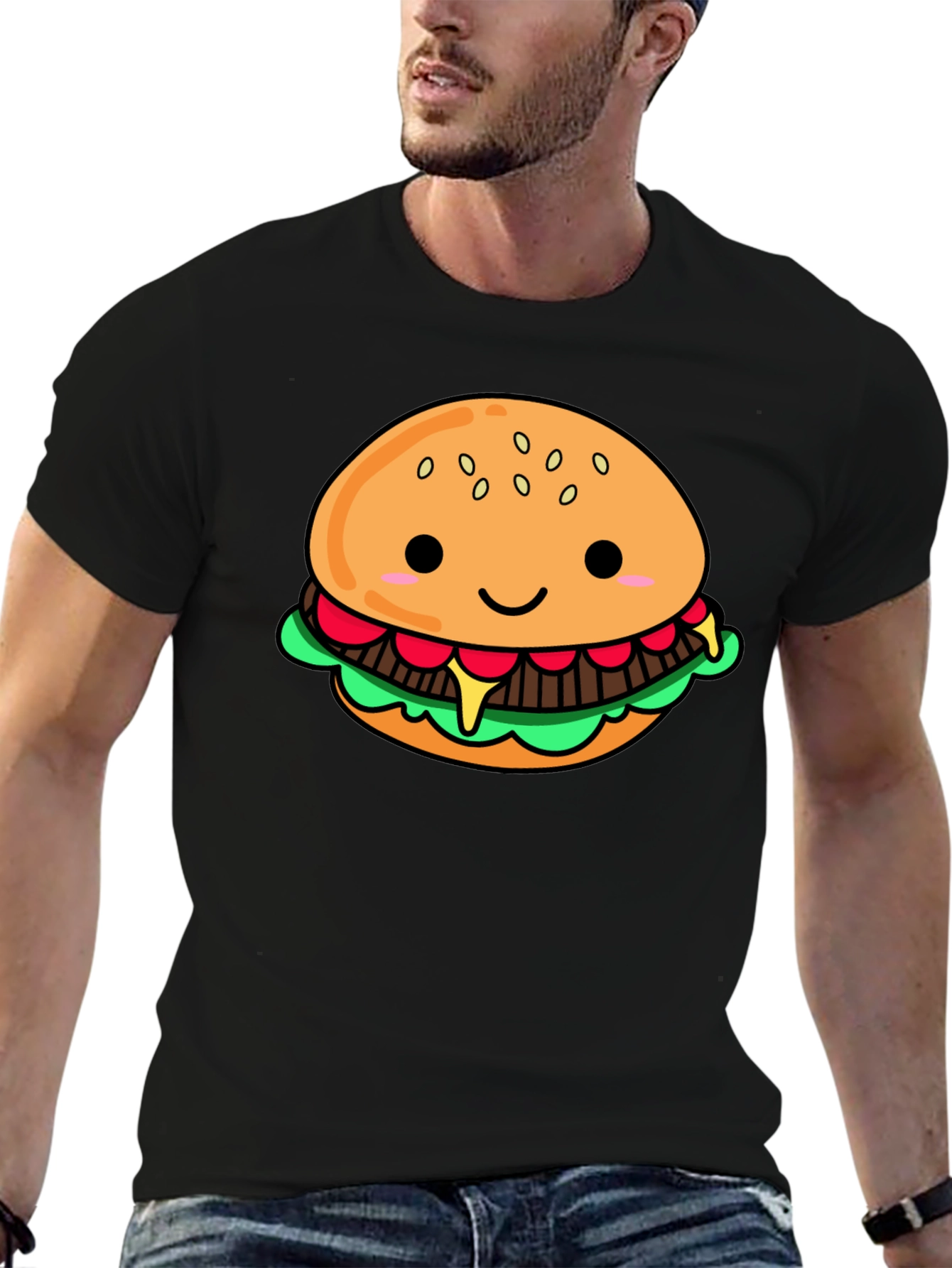 Cute Cartoon Burger Black T-Shirt