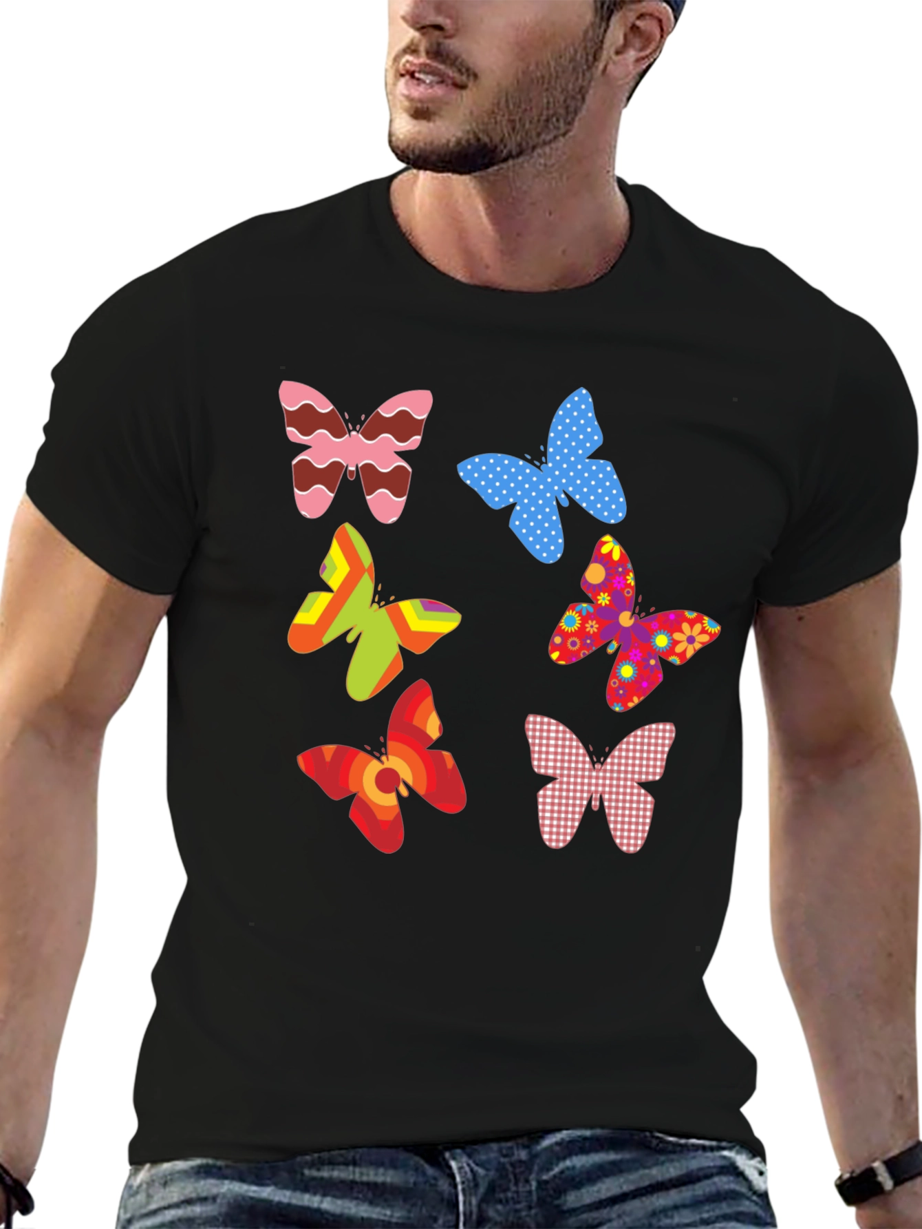 Butterfly Pattern Mens Black T-Shirt