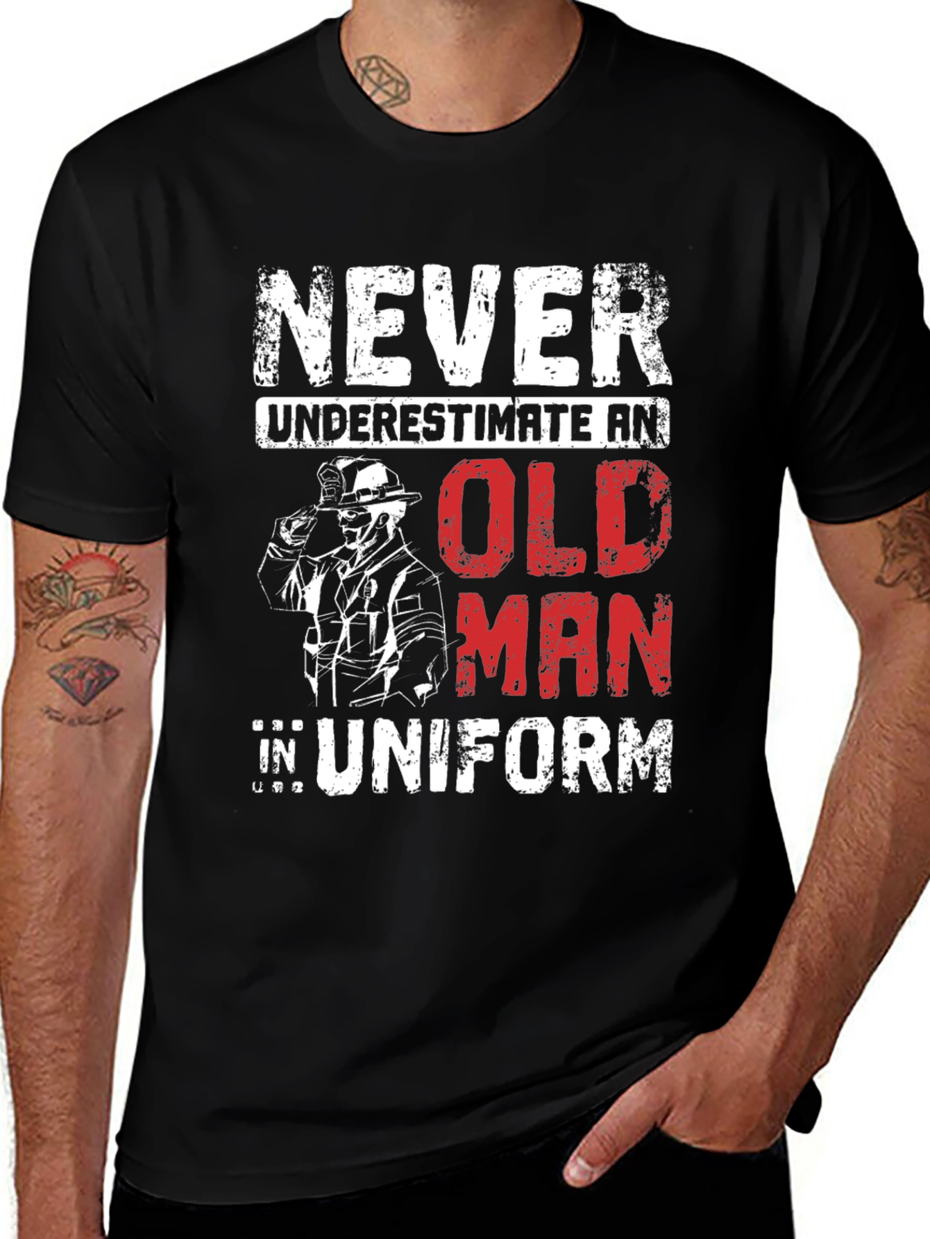 Never Underestimate an Old Man in Uniform T-Shirt
