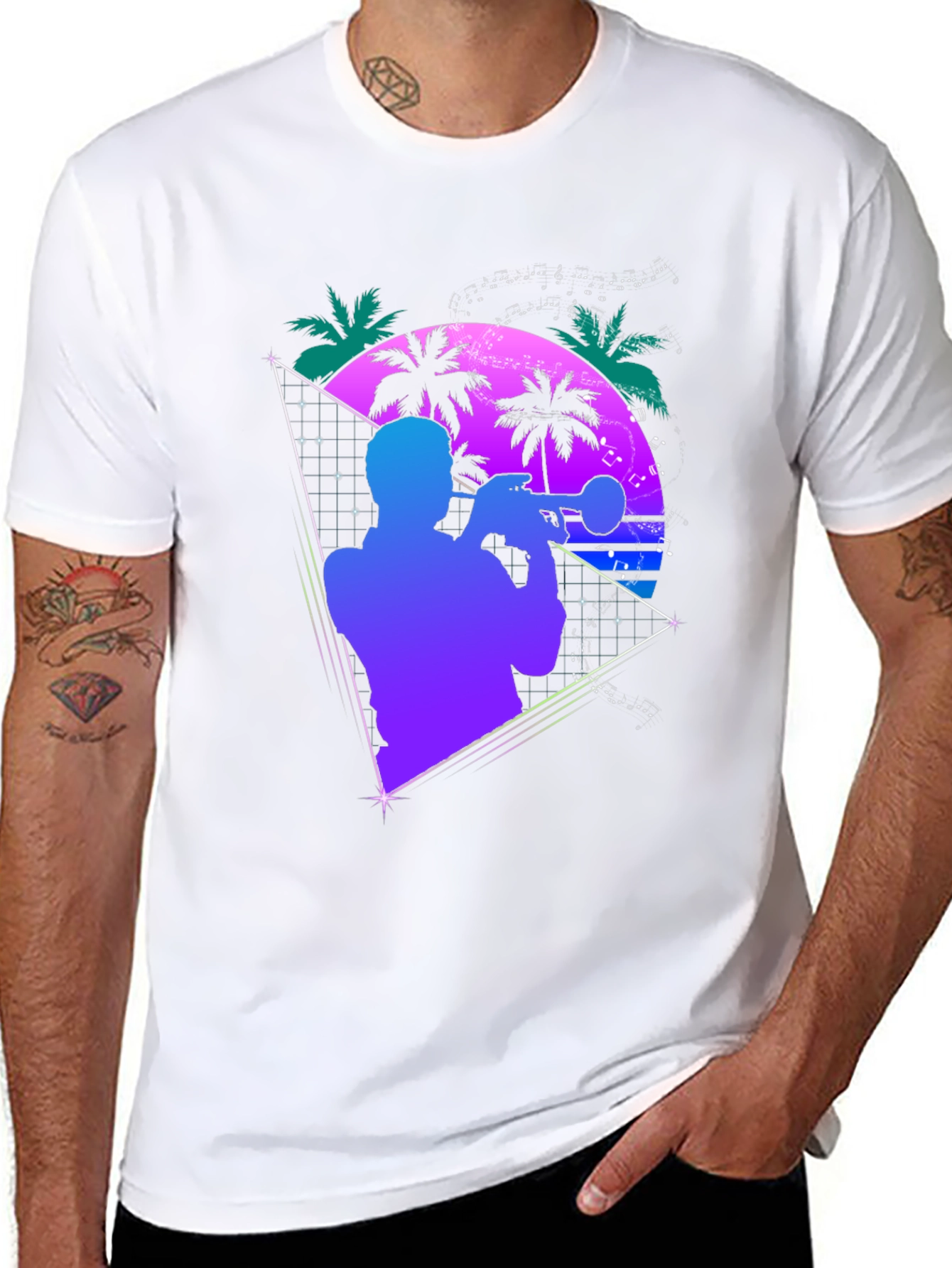 Retro Trumpet Player T-Shirt - 80s Synthwave Style