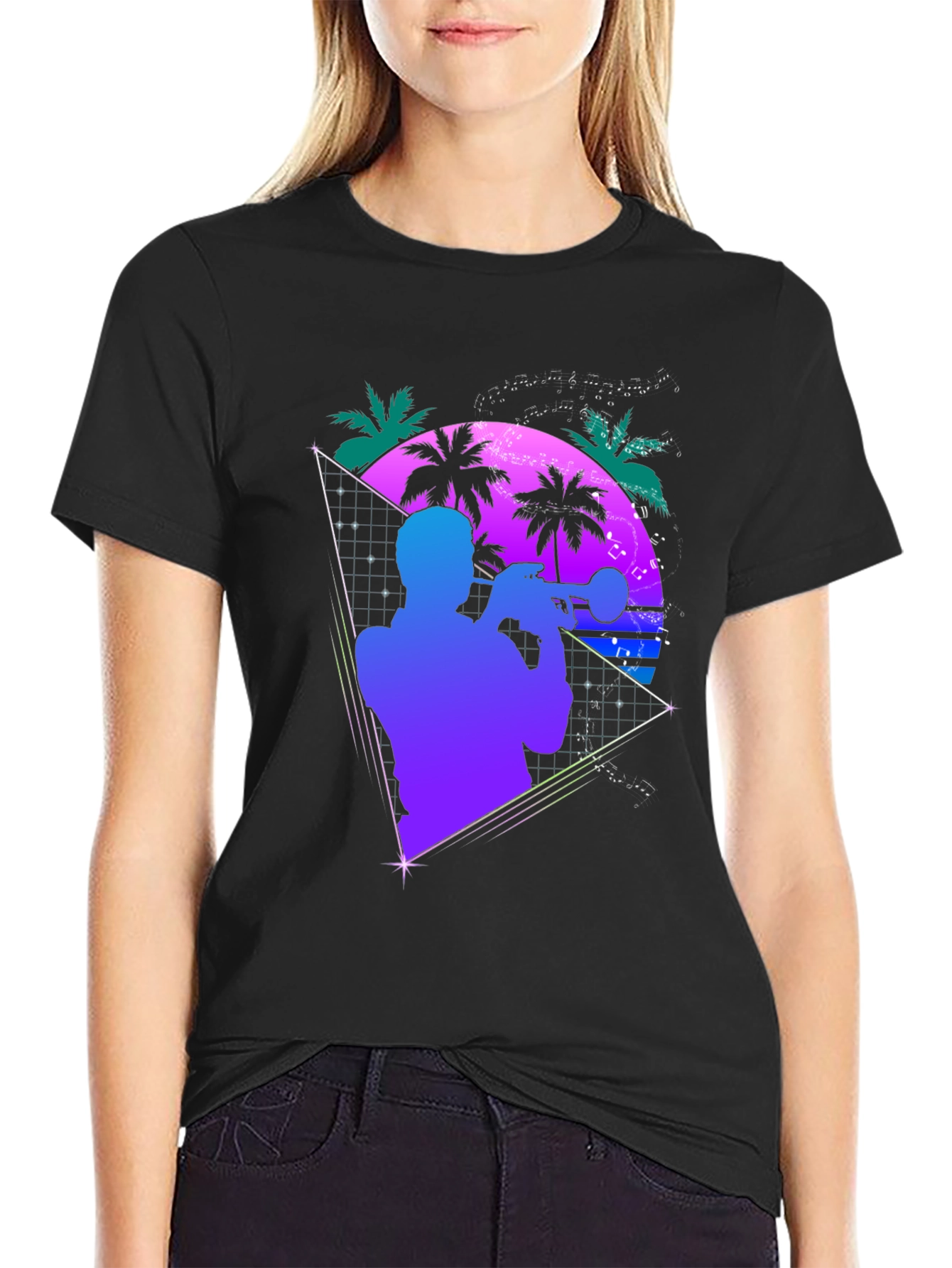 Retro Trumpet Player T-Shirt - 80s Synthwave Style