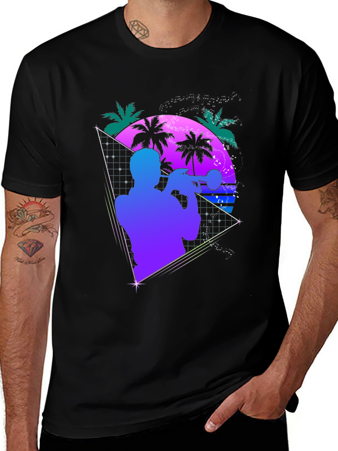 Retro Trumpet Player T-Shirt - 80s Synthwave Style