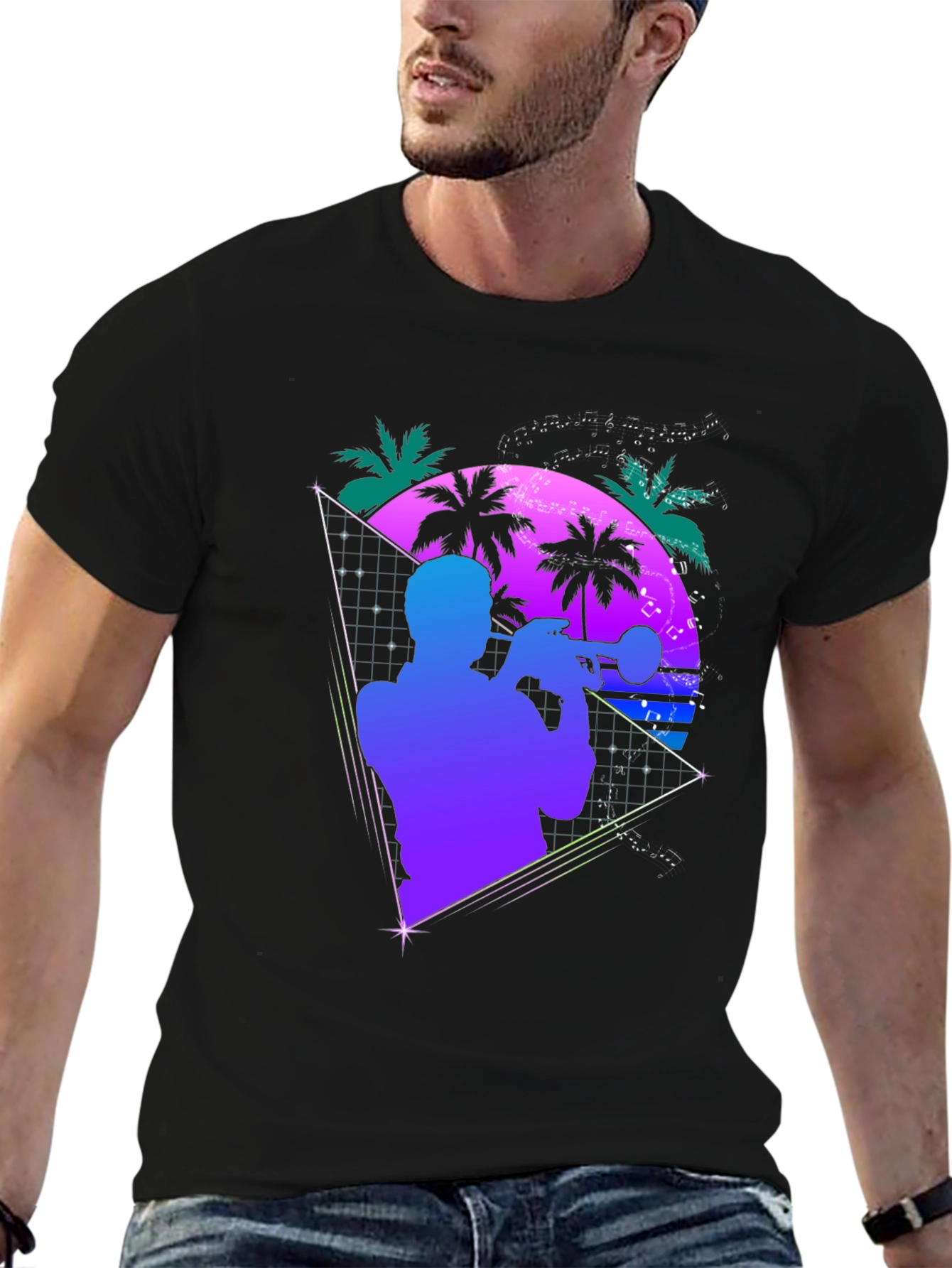 Retro Trumpet Player T-Shirt - 80s Synthwave Style