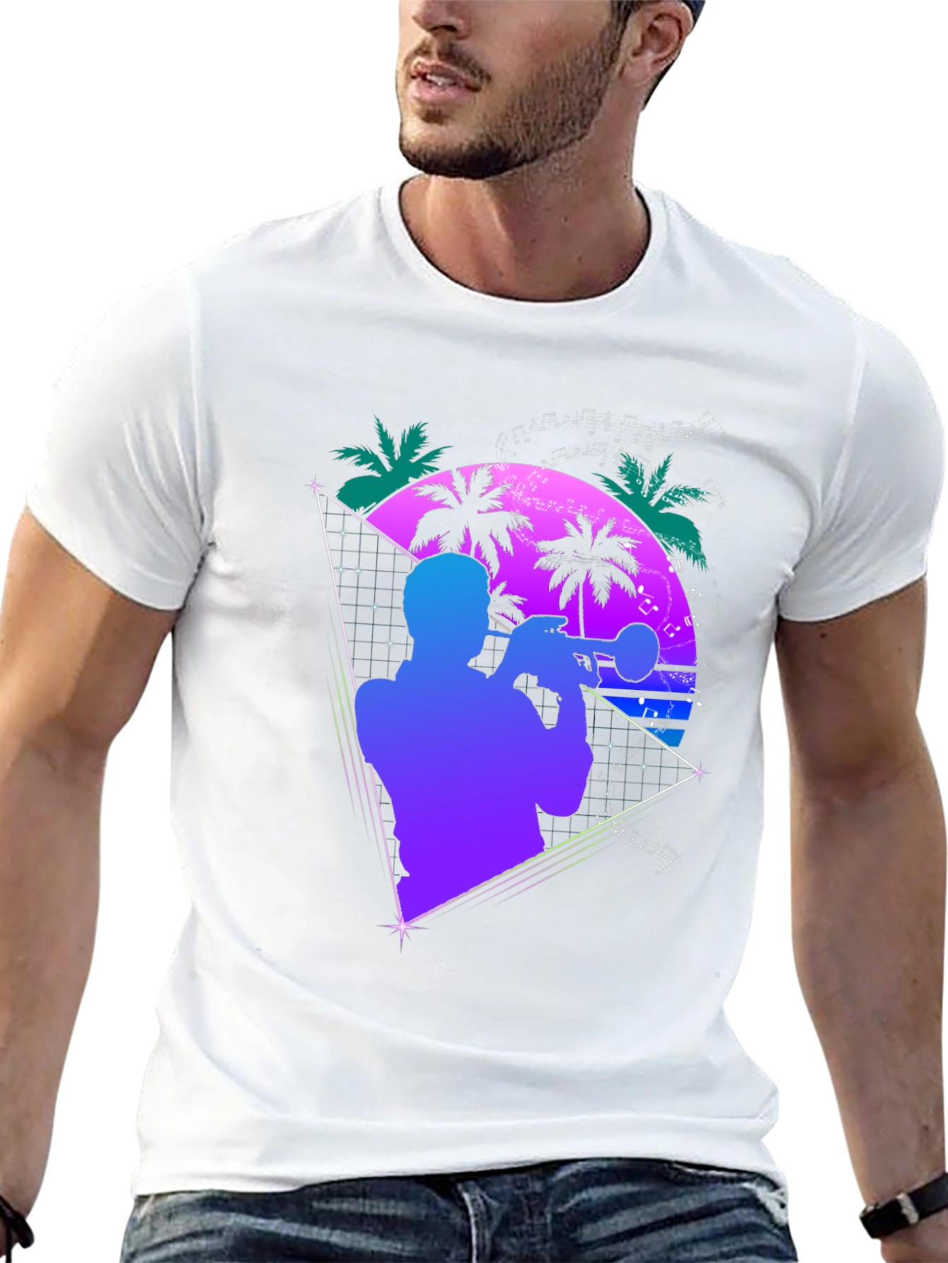 Retro Trumpet Player T-Shirt - 80s Synthwave Style