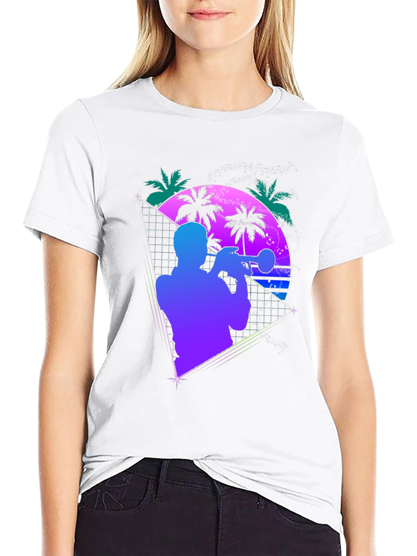 Retro Trumpet Player T-Shirt - 80s Synthwave Style