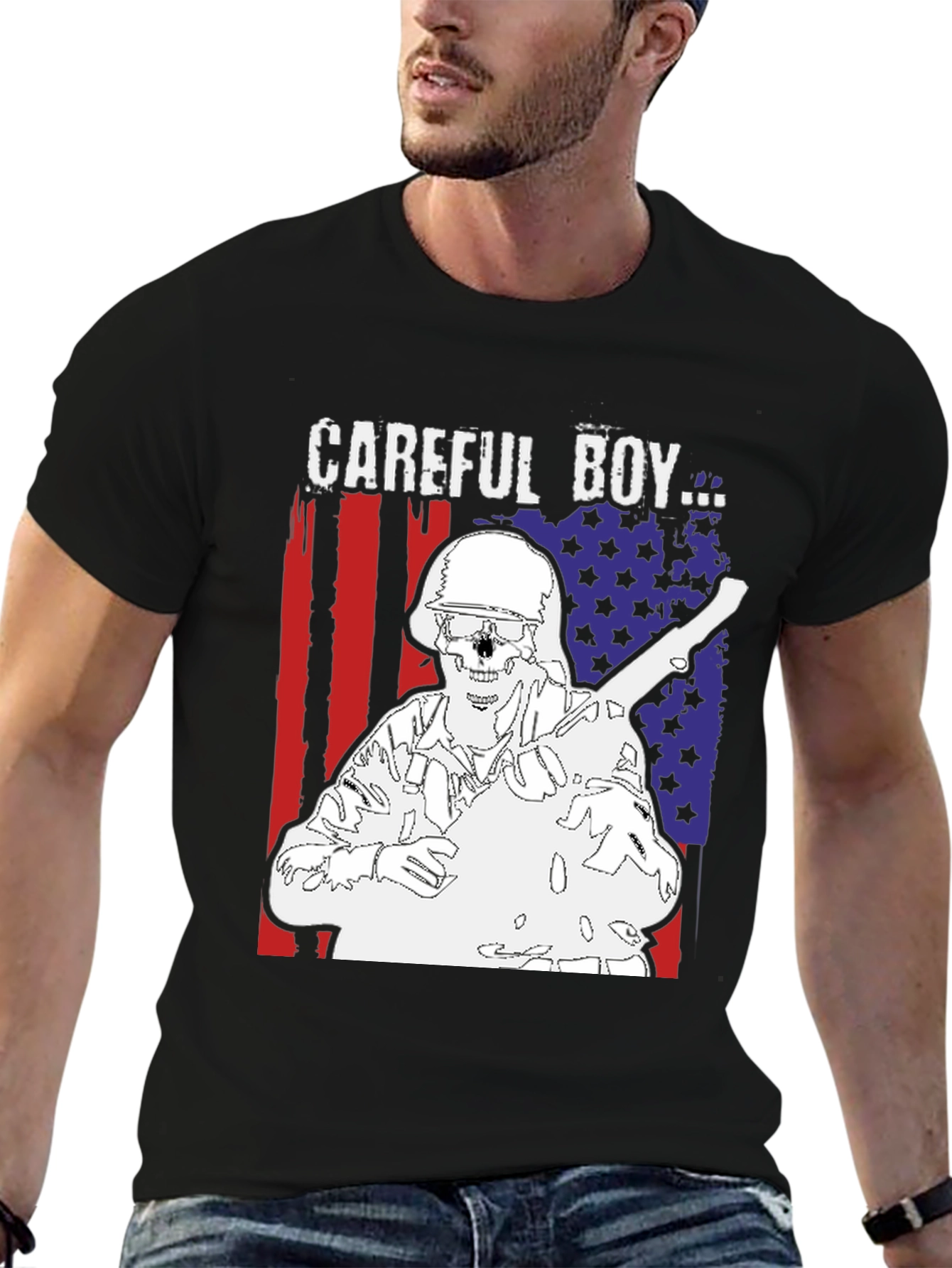 Careful Boy Graphic Print Black T-Shirt