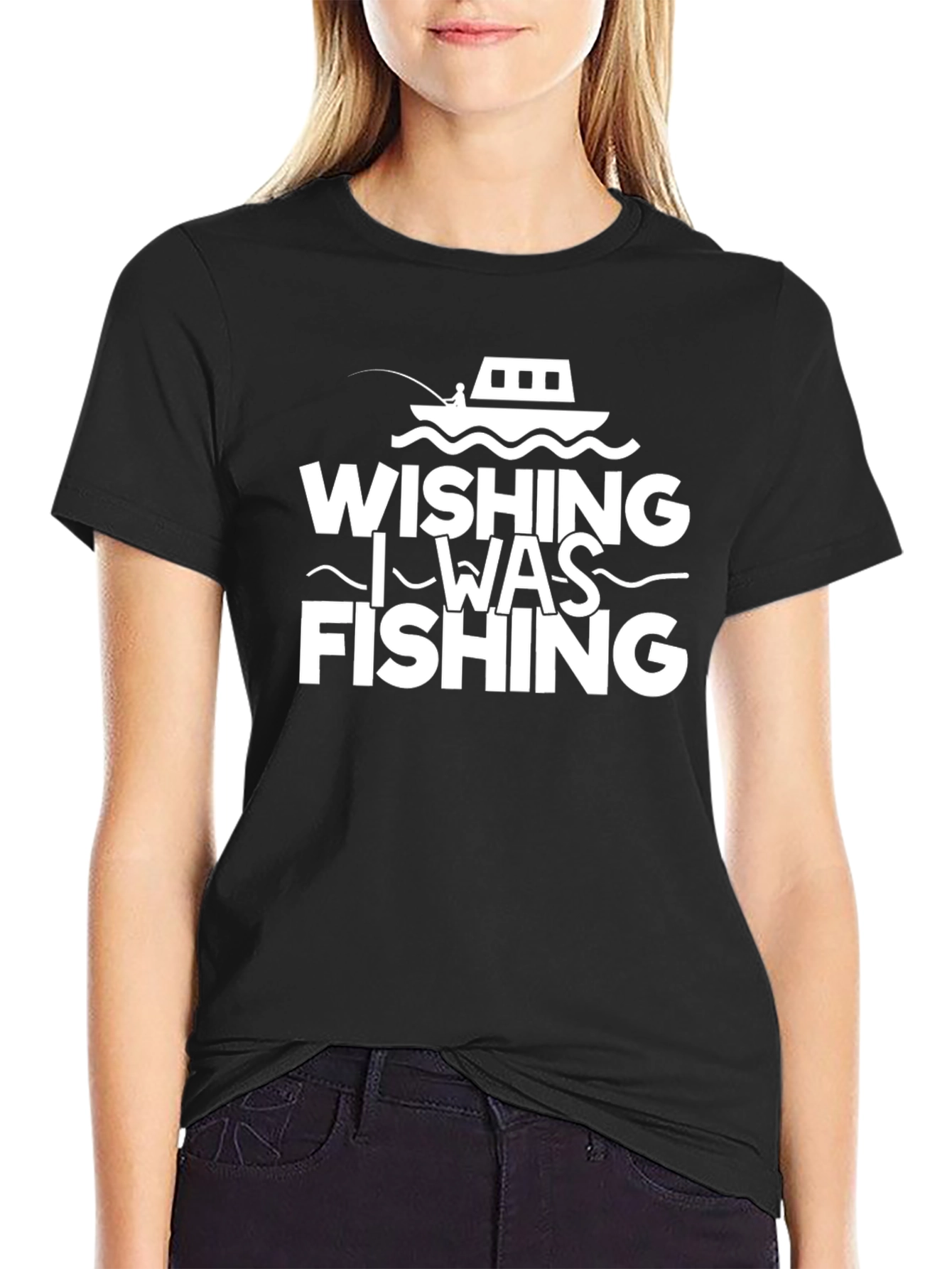 Wishing I Was Fishing Black T-Shirt