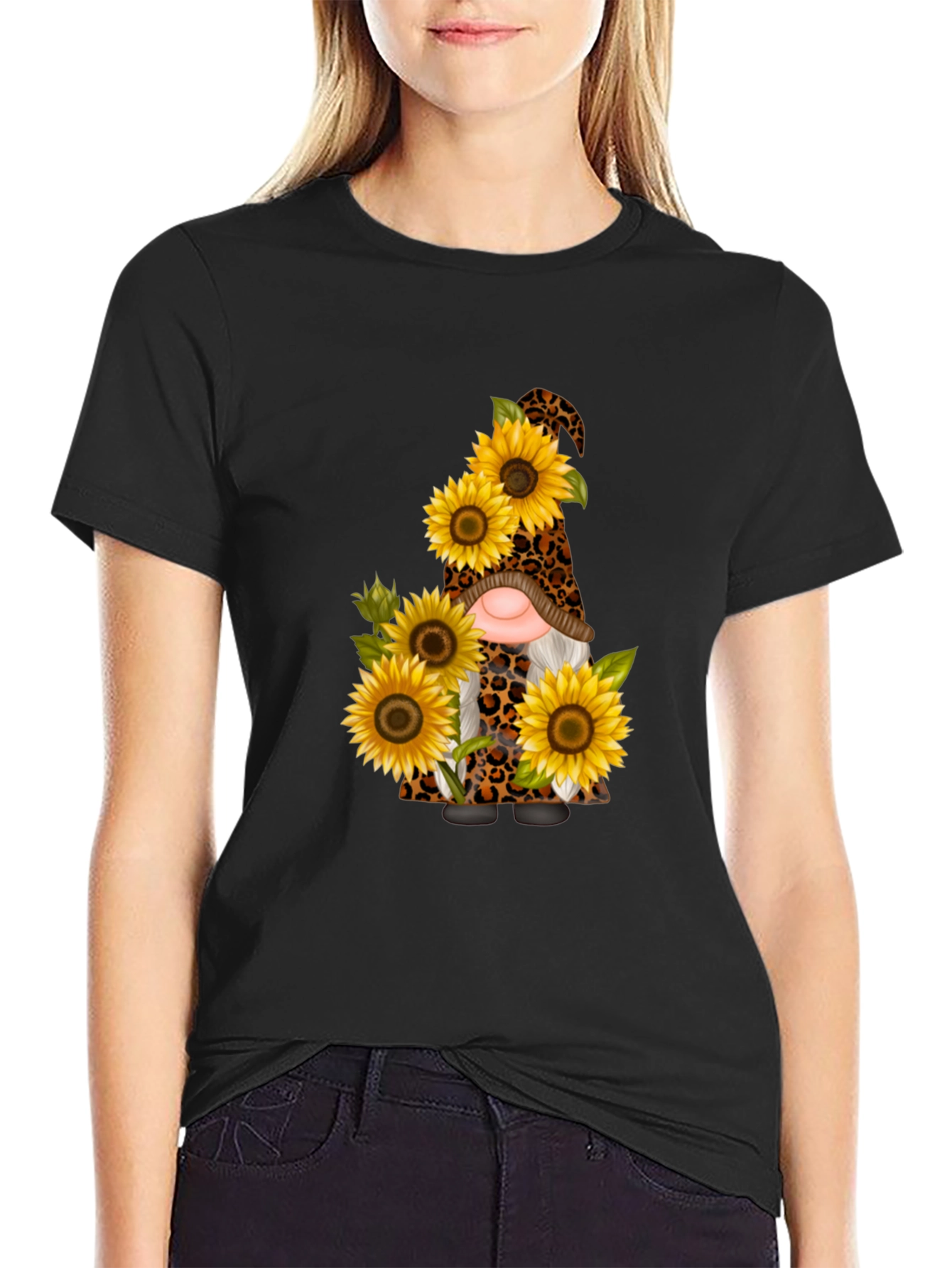 Sunflower Leopard Gnome Black Tee