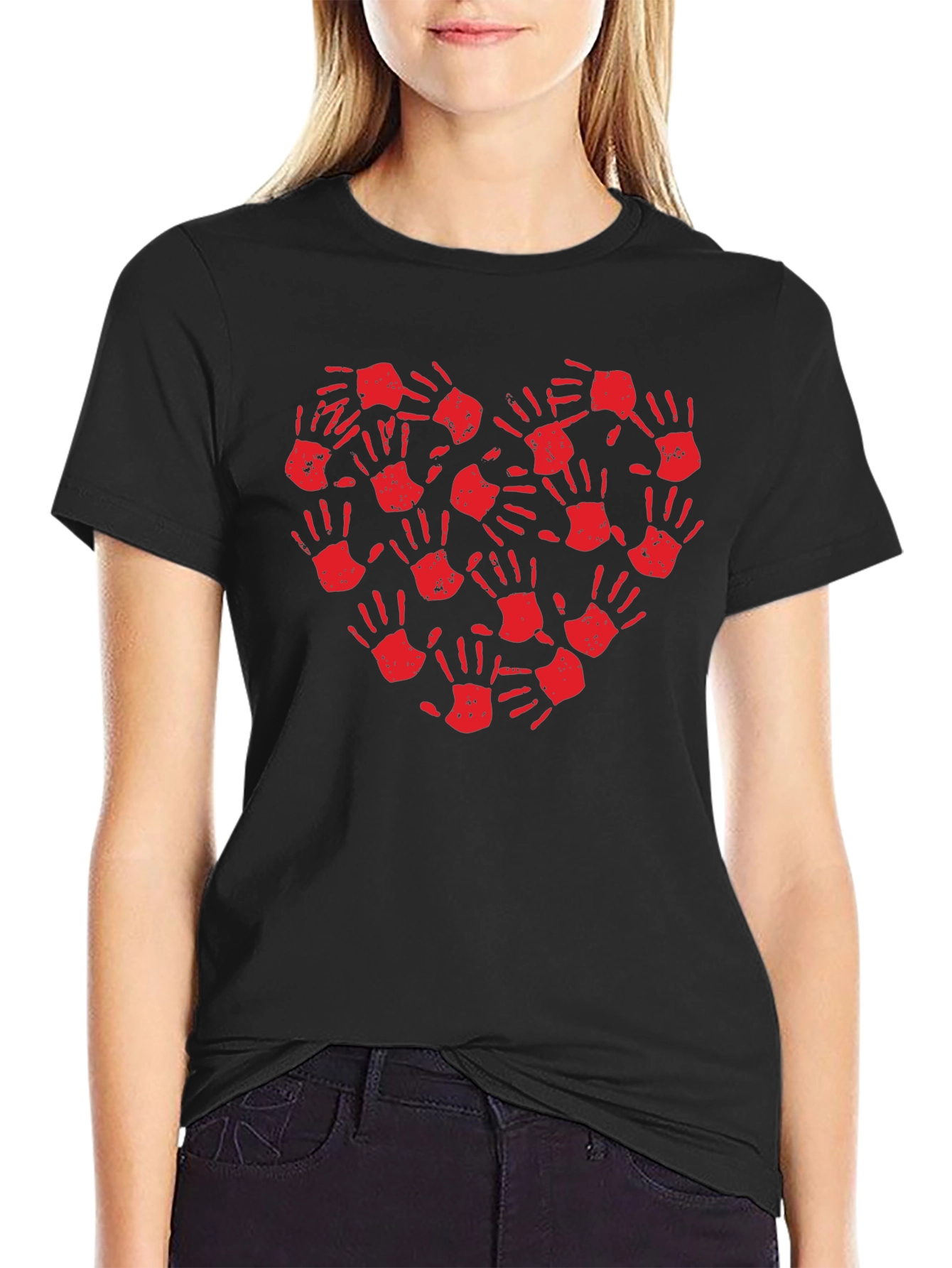 Heart Handprint T-Shirt - Black Crew Neck Tee