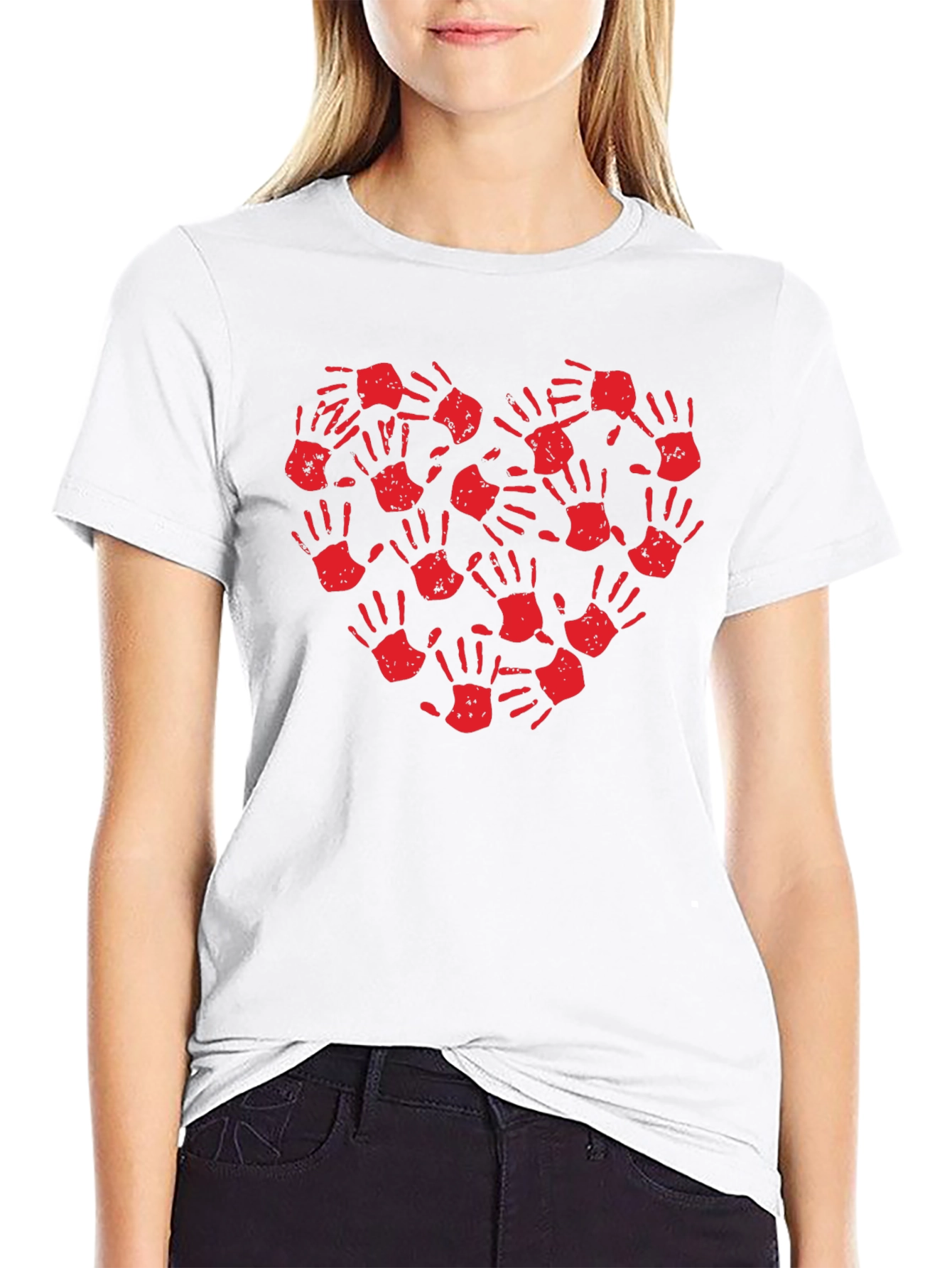 Heart Handprint T-Shirt - Black Crew Neck Tee