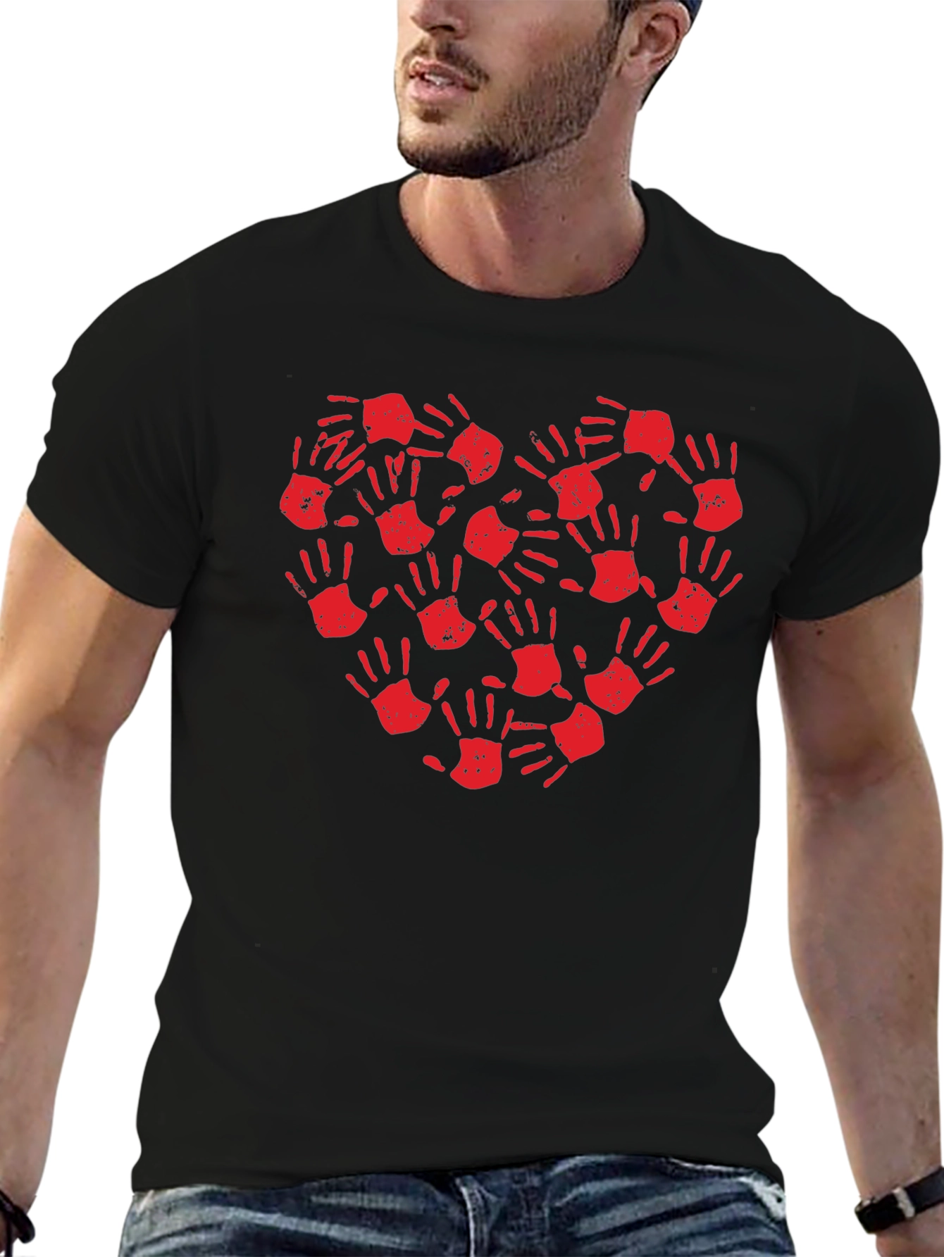 Heart Handprint T-Shirt - Black Crew Neck Tee